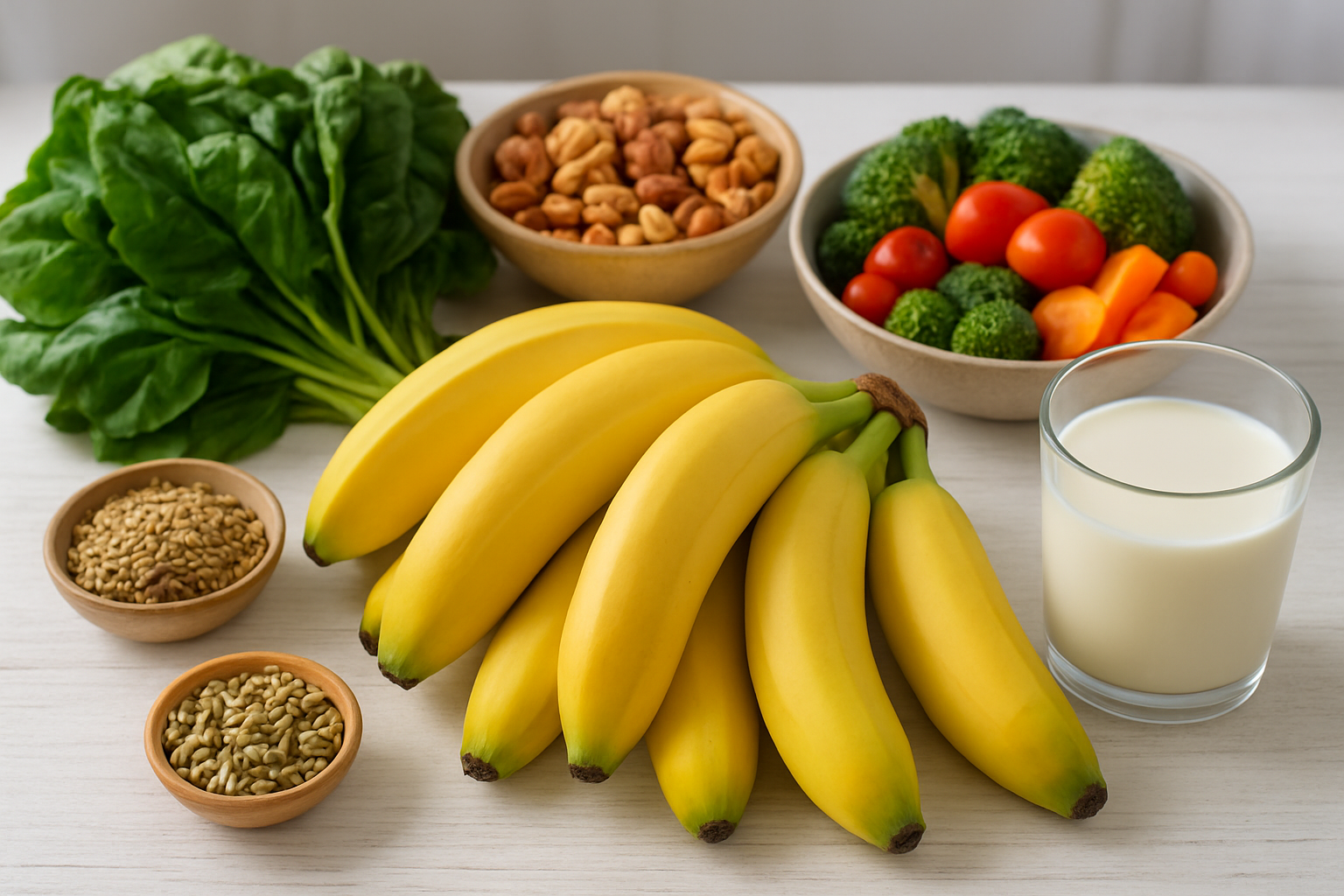 Create a realistic image of fresh lady finger bananas arranged on a clean white wooden table alongside colorful nutritious foods including leafy green vegetables, nuts, seeds, and a glass of milk, with soft natural lighting from a nearby window creating gentle shadows, showcasing the health and wellness theme through vibrant colors and fresh produce presentation, absolutely NO text should be in the scene.