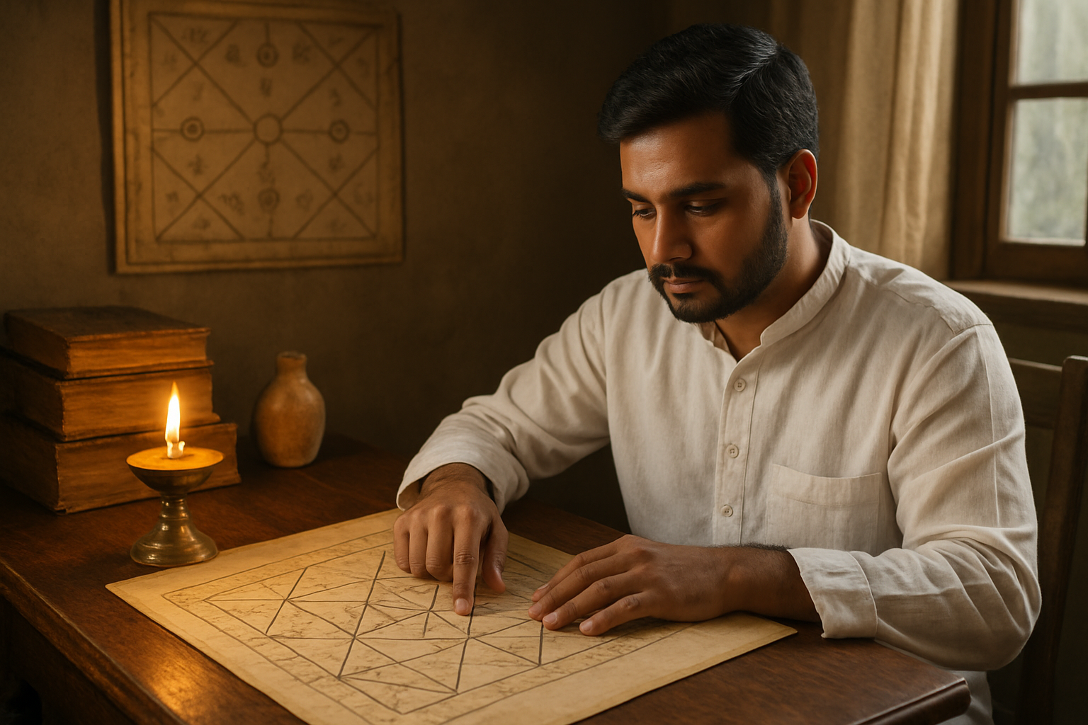 Create a realistic image of a South Asian male astrologer in traditional white kurta sitting at a wooden desk studying a detailed birth chart (kundli) with geometric patterns showing triangular and square house divisions, surrounded by ancient Sanskrit astrology books, brass oil lamp casting warm golden light, traditional calendar with planetary symbols on the wall, peaceful indoor setting with soft natural lighting from a window, focused contemplative mood as he traces the chart positions with his finger, Absolutely NO text should be in the scene.