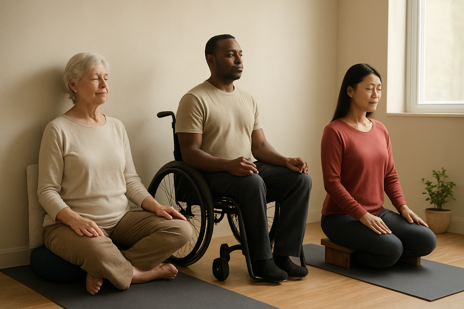 Create a realistic image of three people demonstrating different meditation postures adapted for various body types and physical limitations: a white elderly female sitting on a meditation cushion with back support against a wall, a black male in a wheelchair maintaining an upright meditation posture, and an Asian female using a meditation bench in a kneeling position, all positioned on yoga mats in a peaceful indoor setting with soft natural lighting from a nearby window, wooden floors, and minimal decor including a small plant, conveying a serene and inclusive atmosphere that emphasizes accessibility and adaptation in meditation practice, absolutely NO text should be in the scene.