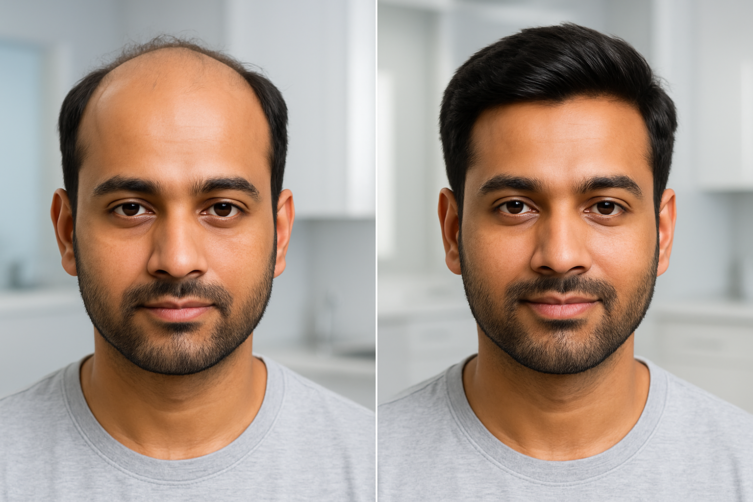 Create a realistic image of a split composition showing before and after hair transformation results, featuring an Indian male patient in his 30s with the left side showing a balding or thinning hair pattern and the right side displaying full, thick, natural-looking hair after transplant treatment, set against a clean, modern medical clinic background with soft, professional lighting that highlights the hair detail and natural skin tone, conveying hope and successful medical outcomes, absolutely NO text should be in the scene.