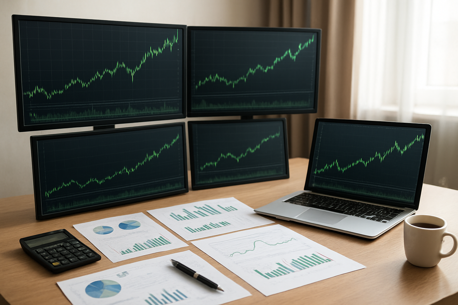 Create a realistic image of a modern trading desk setup with multiple computer monitors displaying green upward-trending stock charts and graphs, a sleek laptop computer, financial documents and charts spread across a clean wooden desk, a calculator, a notebook with pen, and a steaming coffee cup, all arranged in a well-organized professional workspace with soft natural lighting from a window, creating a calm and successful trading environment atmosphere, absolutely NO text should be in the scene.