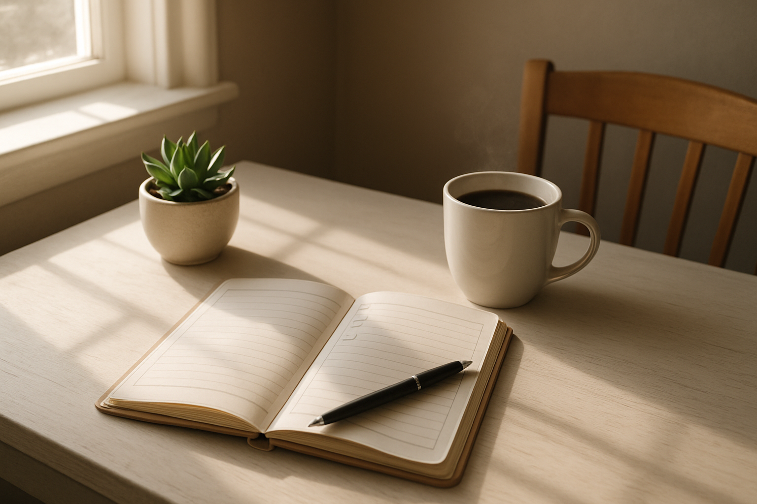Create a realistic image of a serene home office corner with a white wooden desk featuring an organized daily planner open to show a simple morning routine checklist, a small potted succulent plant, a steaming cup of coffee, and gentle natural sunlight streaming through a nearby window creating soft shadows on the clean, minimalist workspace. Absolutely NO text should be in the scene.