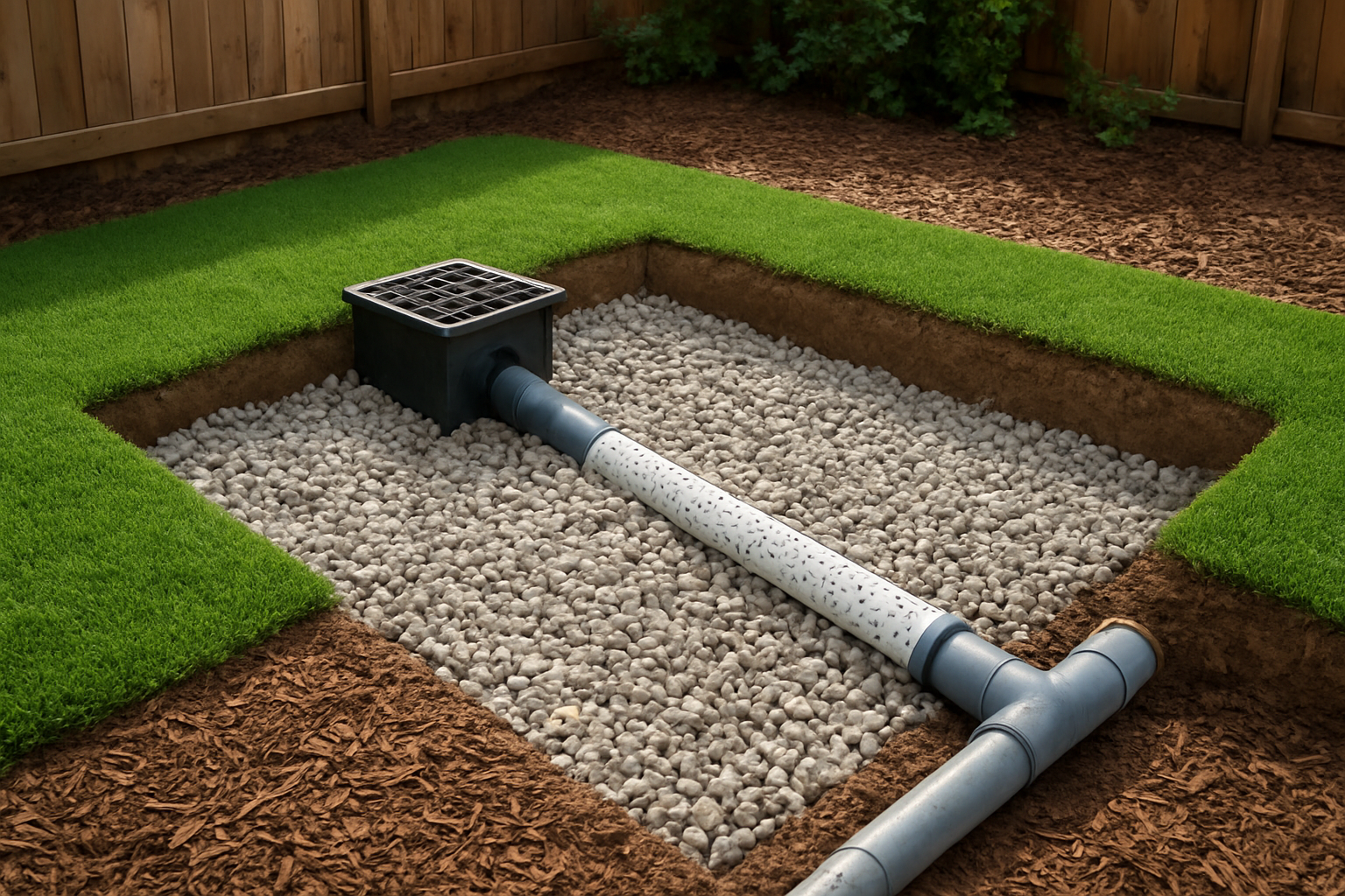 Create a realistic image of a dog potty area showing an effective drainage system installation with gravel base, perforated drainage pipes, and proper grading that slopes toward a central drain, surrounded by artificial turf or mulch surface, with visible drainage components like catch basins and underground piping partially exposed to demonstrate the system, set in a backyard environment with natural lighting, absolutely NO text should be in the scene.