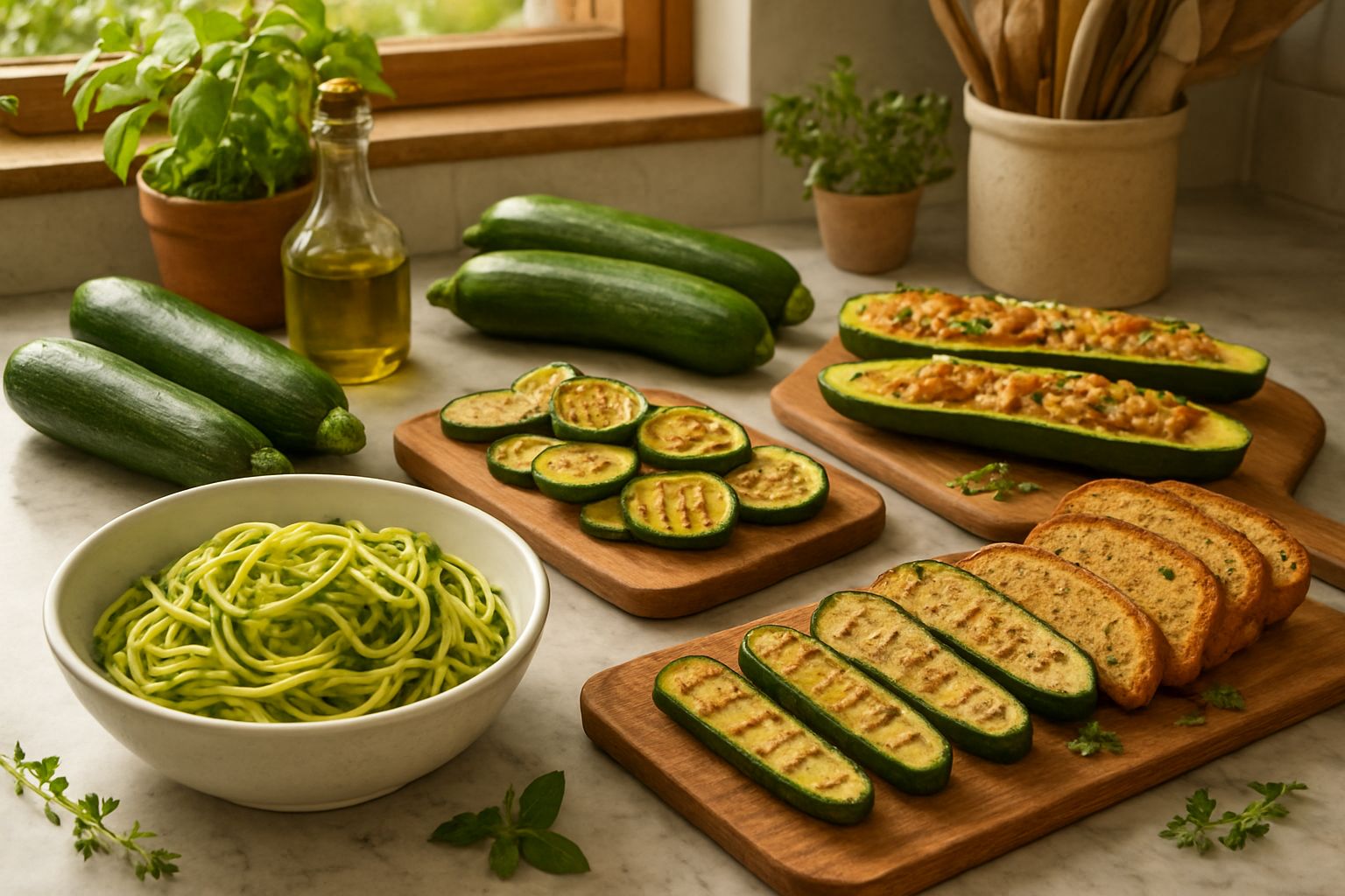 Create a realistic image of a vibrant kitchen scene showcasing various zucchini culinary preparations including zucchini noodles in a white bowl, grilled zucchini slices on a wooden cutting board, fresh whole zucchini vegetables, zucchini bread slices, and stuffed zucchini boats arranged on a marble countertop with warm natural lighting streaming through a window, surrounded by fresh herbs like basil and thyme, olive oil bottle, and cooking utensils creating an inviting culinary atmosphere that emphasizes the versatility and appeal of zucchini in cooking, absolutely NO text should be in the scene.