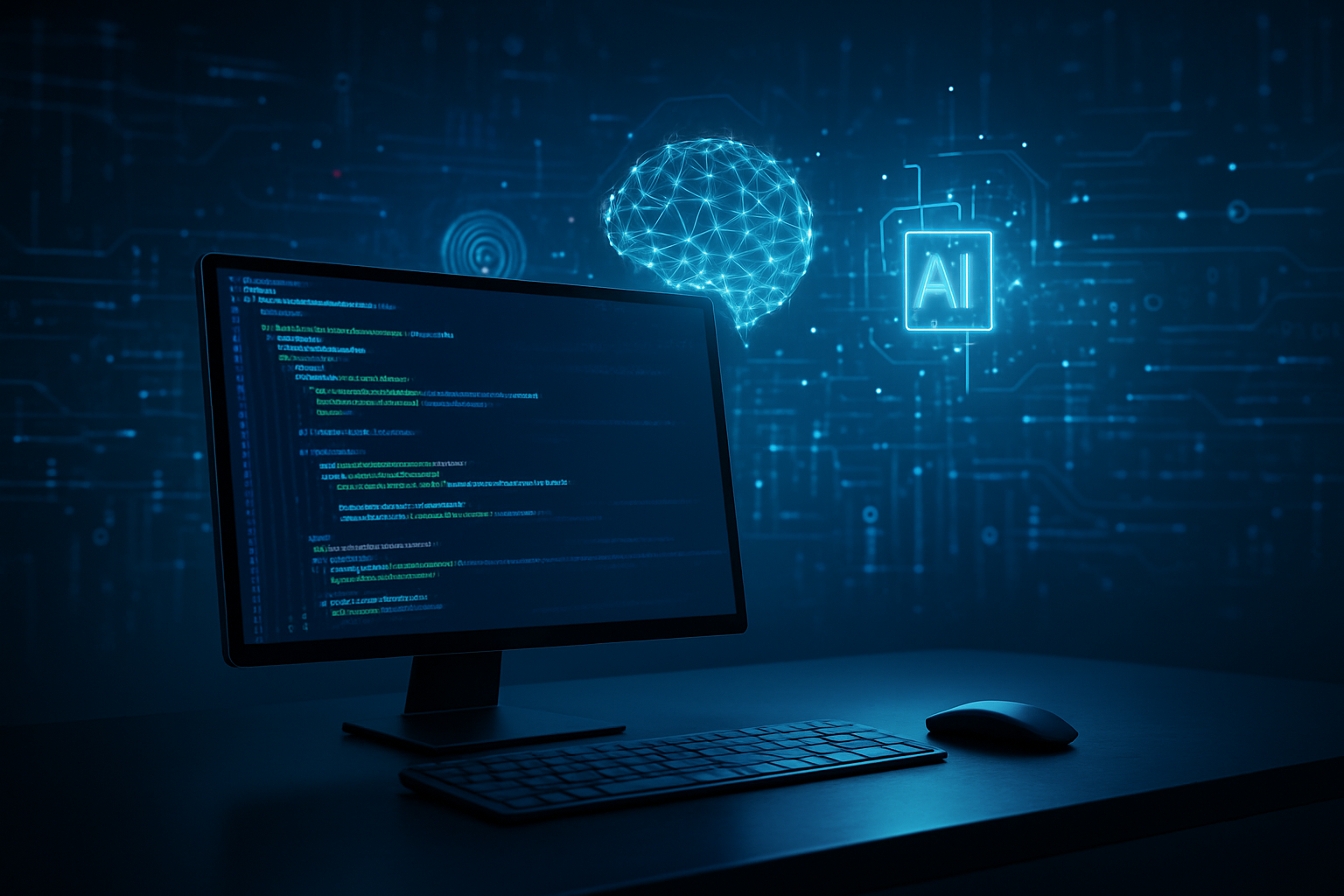 Create a realistic image of a futuristic digital workspace showing a computer monitor displaying Python code syntax highlighted in blue and green colors, with holographic AI neural network visualizations floating above the screen, surrounded by abstract data streams and algorithmic patterns in the background, soft blue ambient lighting creating a high-tech atmosphere, the scene positioned on a modern dark desk with subtle reflections, conveying innovation and technological advancement in artificial intelligence development, absolutely NO text should be in the scene.