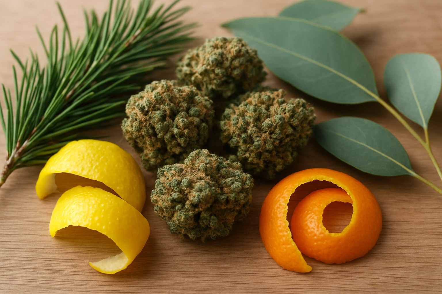 Create a realistic image of a close-up arrangement showcasing the sensory experience of terpinene, featuring fresh cannabis buds with visible trichomes, aromatic pine needles, fresh citrus peels from lemons and oranges, and eucalyptus leaves arranged on a natural wooden surface, with soft natural lighting highlighting the textures and creating a clean, scientific yet organic atmosphere that emphasizes the natural aromatic qualities, absolutely NO text should be in the scene.