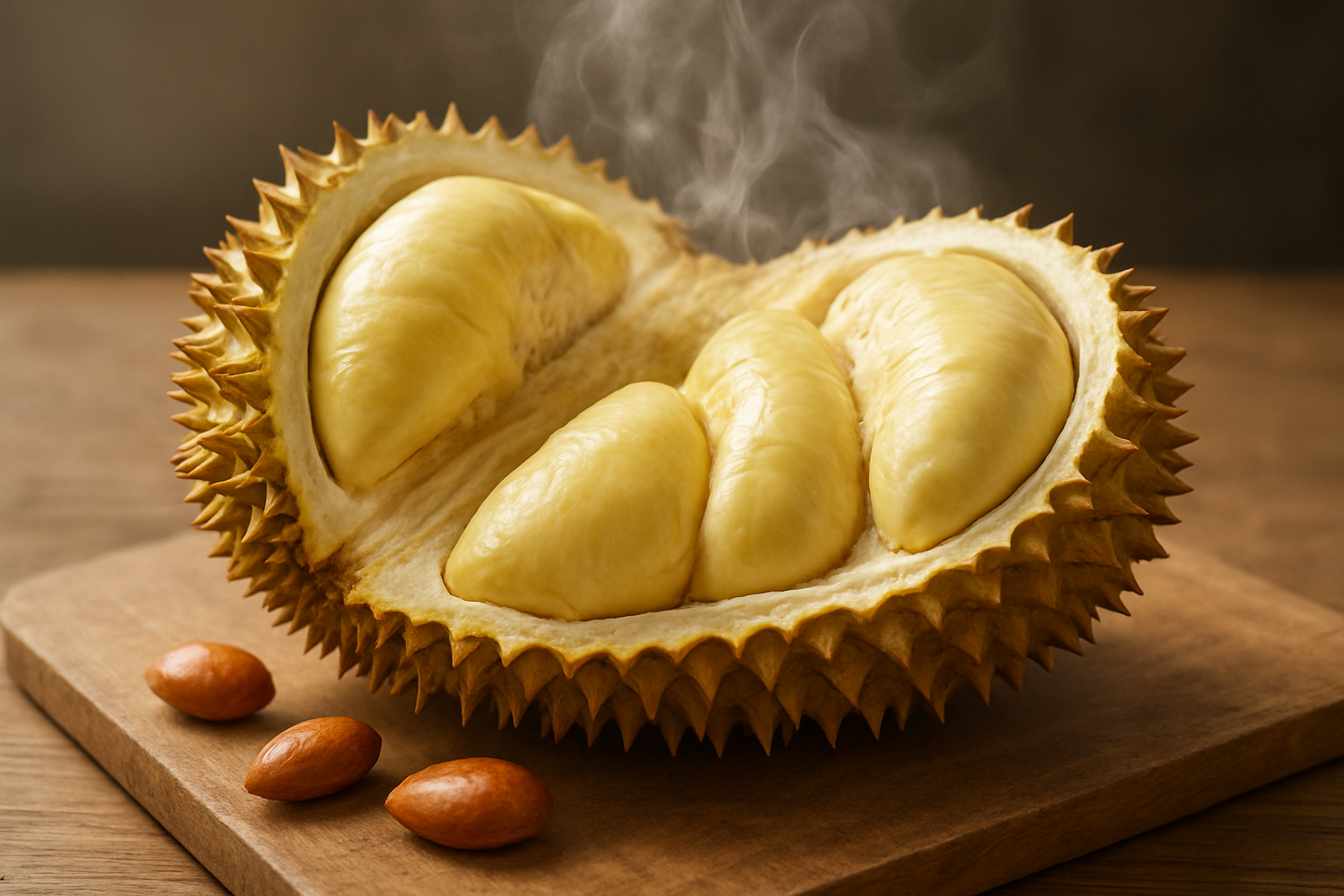 Create a realistic image of an opened durian fruit with its spiky yellow-brown exterior shell split apart revealing the creamy pale yellow flesh inside, with visible aromatic vapor or steam gently rising from the exposed fruit segments to represent the strong distinctive smell, placed on a wooden cutting board with a few scattered durian seeds nearby, shot in natural daylight with soft shadows, focusing on the texture contrast between the thorny outer shell and the smooth custard-like interior flesh, absolutely NO text should be in the scene.