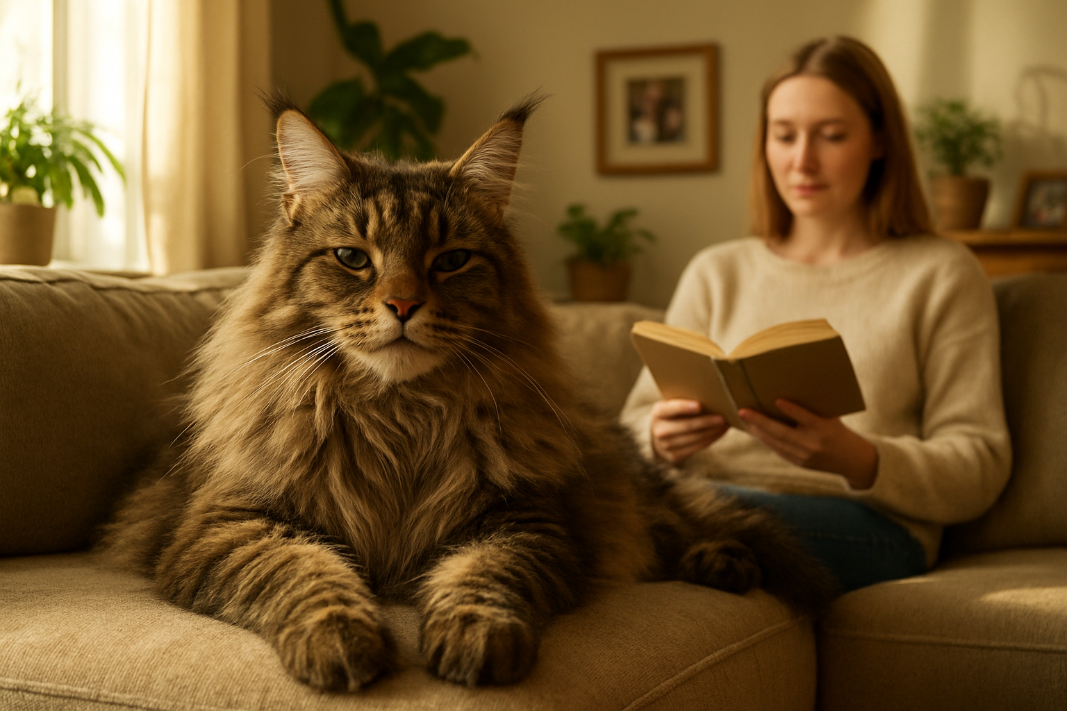 Create a realistic image of a large, fluffy Maine Coon cat with distinctive ear tufts and long fur comfortably settling into a cozy living room, lying relaxed on a soft beige sofa with its paws stretched out naturally, while a white female owner sits nearby reading a book, with warm afternoon sunlight streaming through windows creating a peaceful atmosphere, houseplants and family photos visible in the background suggesting a welcoming home environment, the cat appearing calm and content showing signs of successful adaptation to its new surroundings, absolutely NO text should be in the scene.