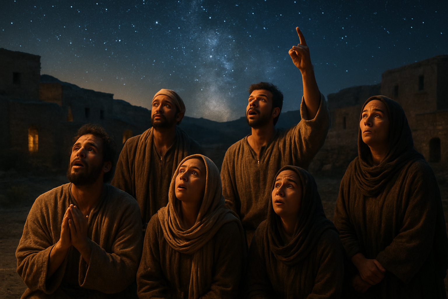 Create a realistic image of diverse groups of people displaying various emotional reactions and responses, including white and Middle Eastern men and women looking up at the night sky with expressions of wonder, awe, fear, and contemplation, some kneeling in reverence while others stand pointing upward, set against a biblical-era Middle Eastern village backdrop with stone buildings and desert landscape, under a dramatic starlit night sky with warm golden and cool blue lighting creating a mystical atmosphere, absolutely NO text should be in the scene.