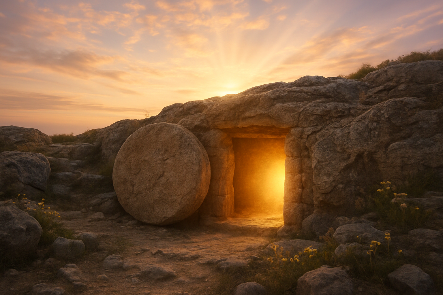Create a realistic image of an ancient stone tomb entrance with the large circular stone rolled away to the side, revealing a bright, warm golden light emanating from within the empty tomb opening, set against a serene dawn sky with soft pastel colors of pink and gold, surrounded by rocky terrain and scattered wildflowers, with rays of sunlight breaking through wispy clouds above, creating a peaceful and hopeful atmosphere that conveys transformation and new beginnings, absolutely NO text should be in the scene.
