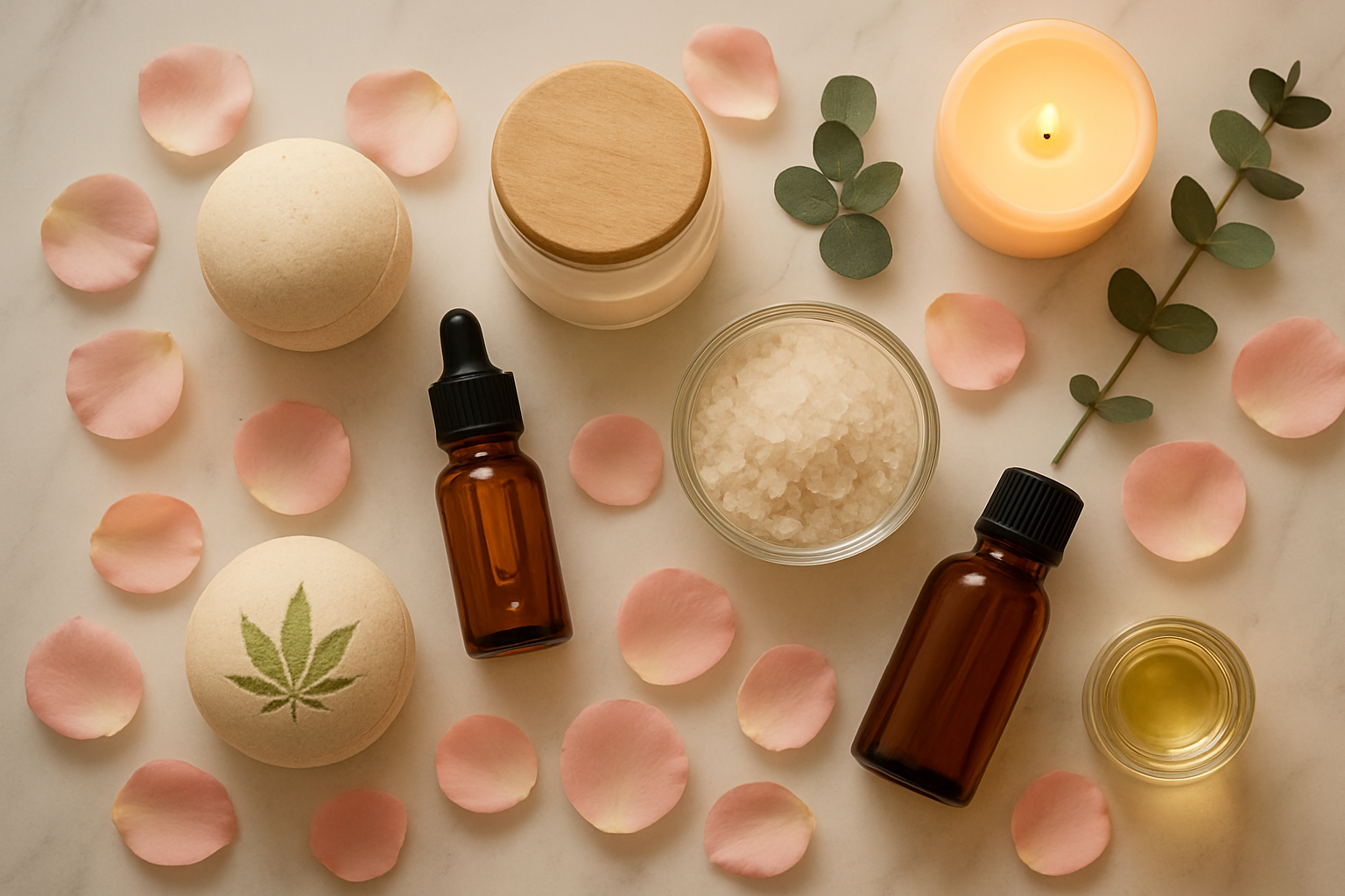 Create a realistic image of a serene spa-like setting with cannabis wellness products arranged on a white marble surface, featuring CBD bath bombs, cannabis-infused skincare products, hemp oil bottles, and luxury bath salts in elegant glass containers, surrounded by soft pink rose petals, flickering vanilla candles, and eucalyptus sprigs, with warm golden lighting creating a peaceful self-care atmosphere, shot from above in flat lay style, Absolutely NO text should be in the scene.