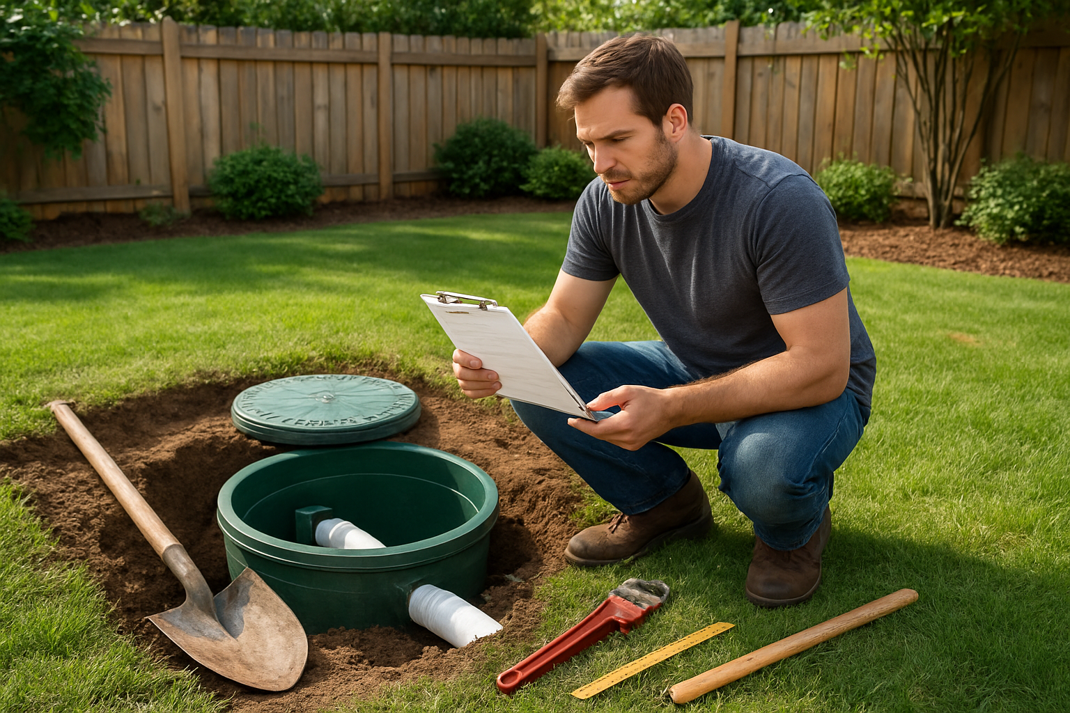 Create a realistic image of a white male homeowner in casual work clothes kneeling beside a partially buried DIY septic tank system in a well-maintained backyard, holding a maintenance checklist and small toolbox, with various maintenance tools like a shovel, pipe wrench, and measuring stick laid out nearby on the grass, surrounded by a clean suburban backyard setting with a wooden fence and some landscaping, under bright natural daylight that clearly shows the septic system components and maintenance activity, conveying a sense of regular upkeep and responsible pet waste management, absolutely NO text should be in the scene.