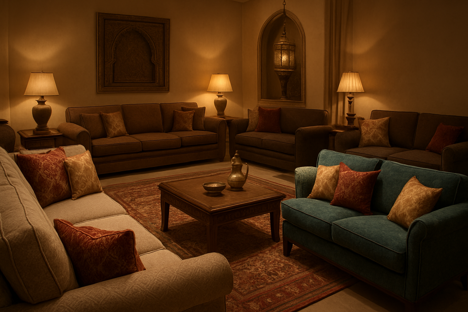 Create a realistic image of a beautifully furnished living room in Jeddah showcasing multiple custom-tailored sofas and couches in different styles and fabric patterns, featuring elegant Arabic-style seating arrangements with rich textures and colors, warm ambient lighting creating a cozy atmosphere, decorative pillows and cushions, a coffee table in the center, traditional Middle Eastern decor elements in the background, professional upholstery work visible on the furniture pieces, and a sense of quality craftsmanship and affordability, absolutely NO text should be in the scene.