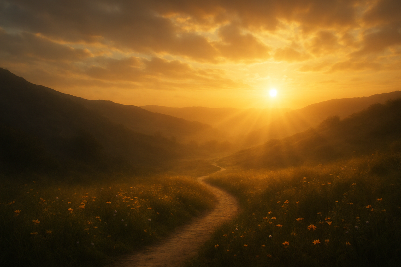 Create a realistic image of a peaceful sunrise scene with golden light breaking through soft clouds over a serene landscape, featuring a winding path that leads from a shadowy valley in the foreground toward bright, illuminated hills in the distance, with gentle rays of sunlight creating a sense of hope and renewal, scattered wildflowers blooming along the pathway, and a calm, transformative atmosphere that conveys moving from darkness into light, shot with warm, soft lighting that emphasizes the transition from shadow to brightness, absolutely NO text should be in the scene.