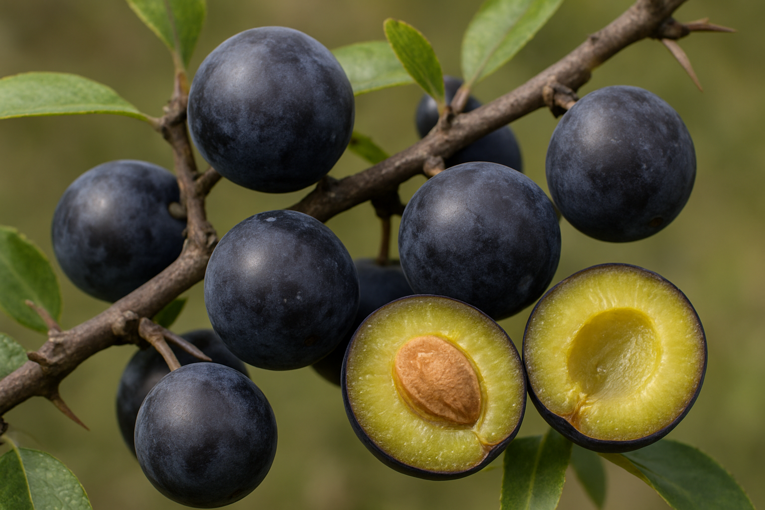 Create a realistic image of dark purple-black blackthorn berries (sloes) growing on thorny branches with small oval leaves, showing close-up detail of the berries' waxy bloom and distinctive characteristics, with some berries cut open to reveal their yellowish-green flesh and large stone pit inside, set against a natural outdoor background with soft natural lighting that highlights the texture and unique properties of the fruit, absolutely NO text should be in the scene.