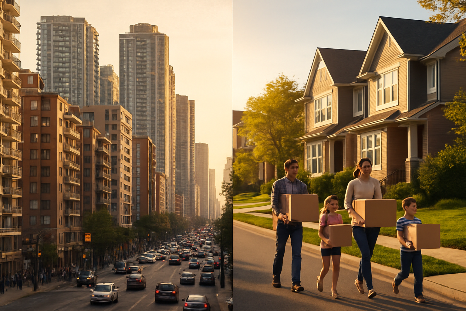 Create a realistic image of a split-screen comparison showing two urban rental neighborhoods, with the left side depicting a bustling pre-2020 downtown area with crowded apartment buildings, busy streets, and high-rise residential towers, while the right side shows a quieter suburban setting with modern townhouses, tree-lined streets, and families walking with moving boxes, representing the shift from urban to suburban rental preferences, captured during golden hour lighting with a warm, hopeful atmosphere, absolutely NO text should be in the scene.