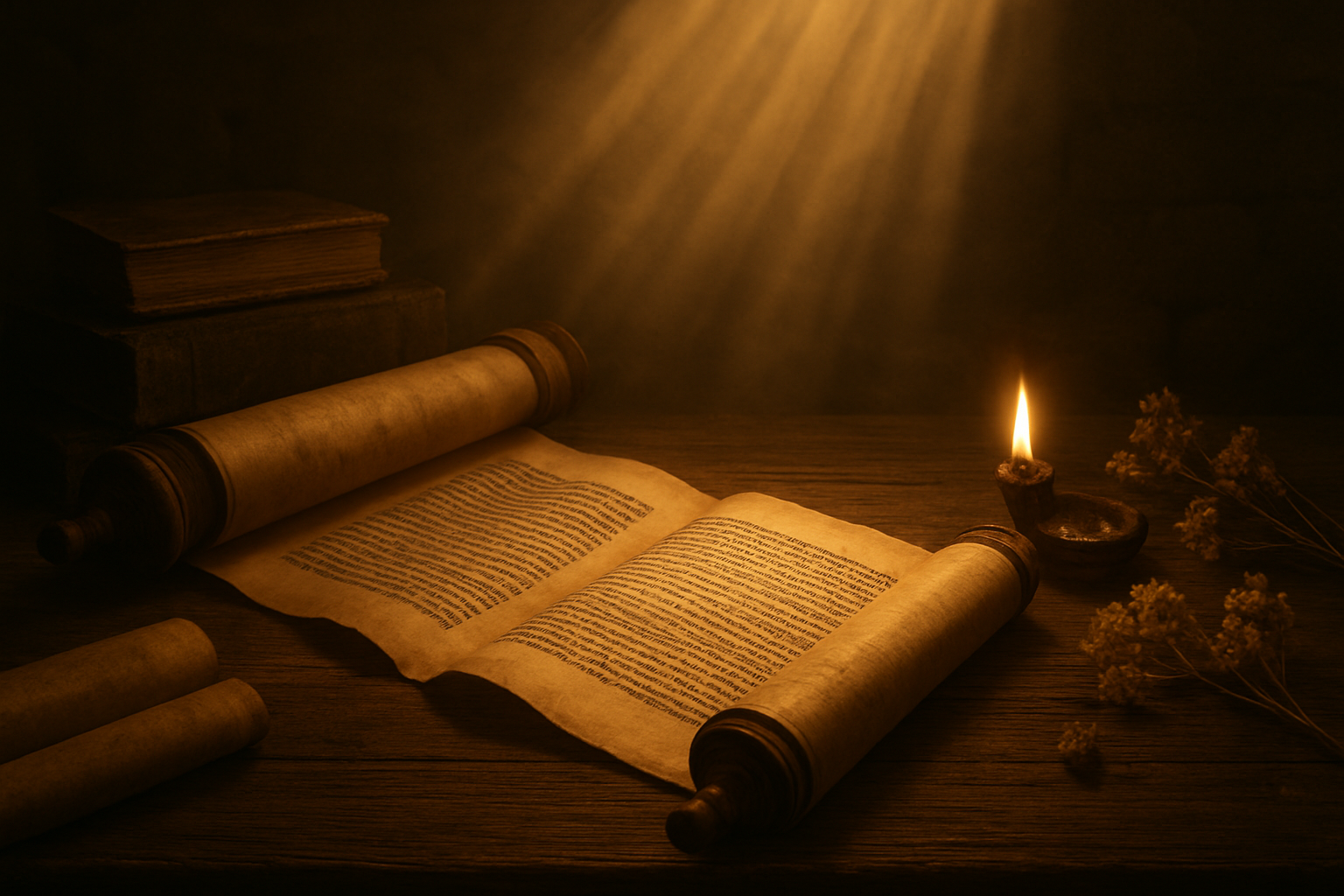 Create a realistic image of an open ancient scroll with Hebrew text unfurling across a wooden table, surrounded by softly glowing golden light rays streaming down from above, with additional aged scrolls and ancient books scattered nearby, a lit oil lamp casting warm amber light, and dried desert flowers placed gently beside the manuscripts, all set against a dark stone wall background creating a reverent, sacred atmosphere that conveys the fulfillment and completion of ancient prophecies, absolutely NO text should be in the scene.