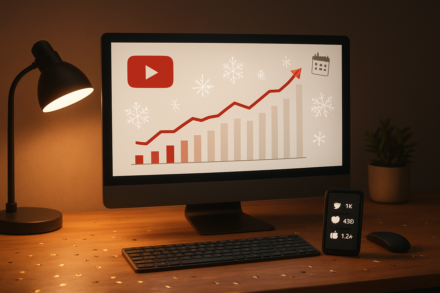 Create a realistic image of a modern workspace with a computer screen displaying YouTube analytics dashboard showing upward trending graphs and seasonal icons like snowflakes, fireworks, and calendar symbols floating around the screen, with a smartphone on the desk showing social media engagement metrics, warm ambient lighting from a desk lamp, and subtle New Year decorative elements like confetti scattered on the wooden desk surface, absolutely NO text should be in the scene.