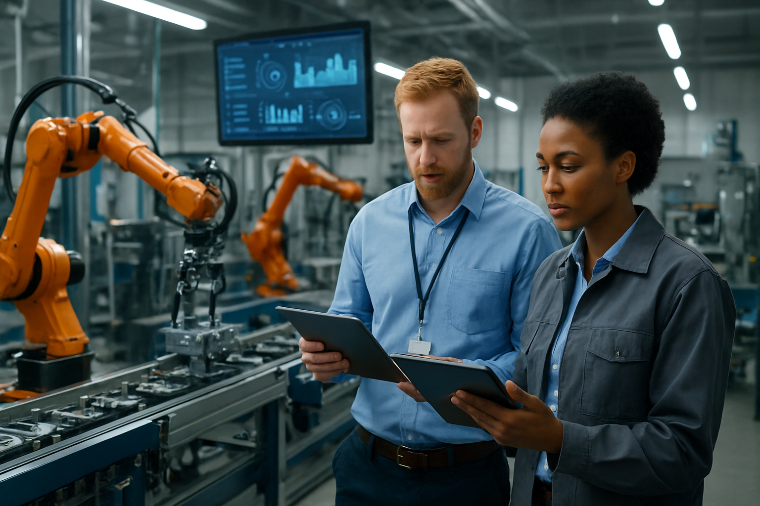 Create a realistic image of a modern manufacturing facility showing successful AI implementation with industrial robots working on an assembly line, digital monitoring screens displaying data analytics, a diverse team of engineers including a white male supervisor and black female technician reviewing tablet computers with AI interface dashboards, automated quality control systems with sensors and cameras inspecting products, smart conveyor belts with integrated technology, clean industrial lighting illuminating the high-tech environment, and a professional atmosphere demonstrating advanced manufacturing automation, absolutely NO text should be in the scene.
