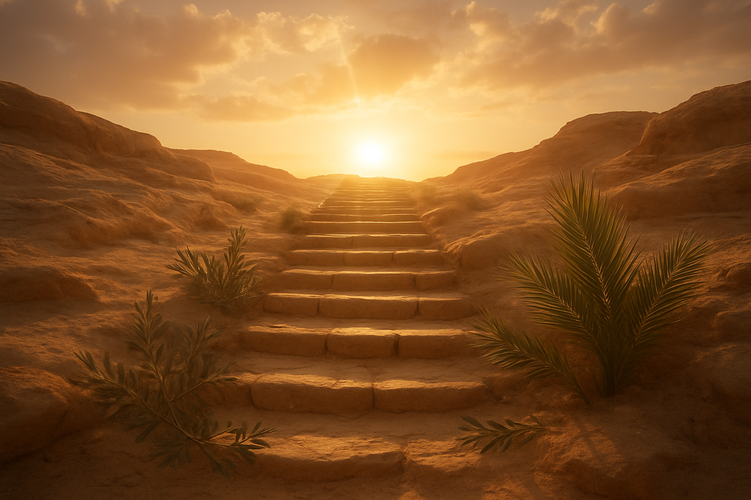 Create a realistic image of a serene desert landscape at golden hour with ancient stone steps leading upward toward a bright, hopeful horizon, scattered olive branches and palm fronds along the pathway symbolizing growth and renewal, warm golden sunlight filtering through soft clouds creating an atmosphere of peace and spiritual reflection, gentle shadows cast across weathered sandstone terrain, a sense of journey completion and wisdom gained, with the overall mood conveying triumph, leadership, and spiritual maturity. Absolutely NO text should be in the scene.