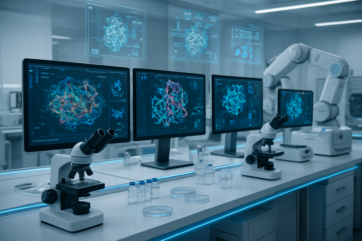 Create a realistic image of a modern biotechnology laboratory with advanced AI computer workstations displaying complex 3D molecular structures and protein models on multiple high-resolution monitors, scientific equipment including microscopes and centrifuges on clean white lab benches, glass vials and petri dishes containing vaccine samples, robotic laboratory automation systems, sleek metallic surfaces with blue LED accent lighting, a sterile white and silver color scheme with holographic-style data visualizations floating above the computers showing antigen structures and target identification algorithms, soft ambient lighting creating a cutting-edge scientific atmosphere, absolutely NO text should be in the scene.