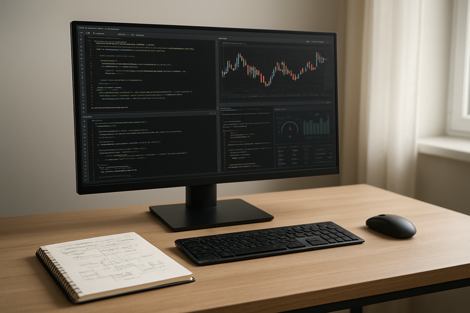 Create a realistic image of a modern workspace showing a computer monitor displaying multiple code windows with programming scripts, financial charts with candlestick patterns, and trading dashboard interfaces, with a keyboard and mouse on a clean desk, a notebook with handwritten notes and flowcharts nearby, soft natural lighting from a window, creating a focused and professional atmosphere for software development, absolutely NO text should be in the scene.