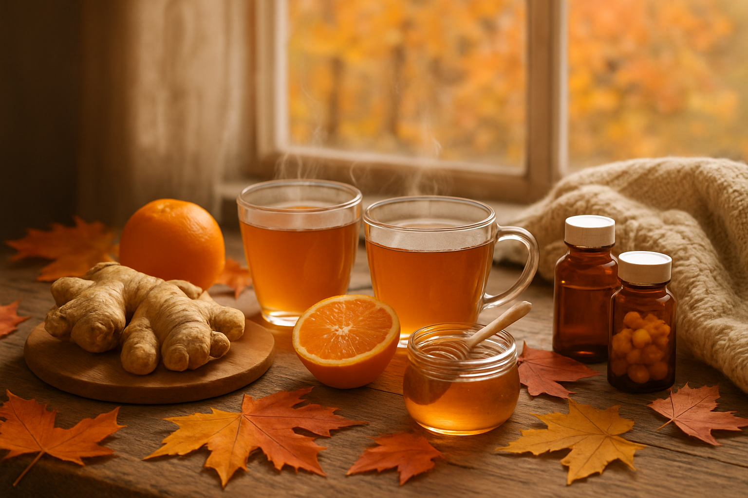 Create a realistic image of a cozy indoor scene featuring autumn wellness preparation with immune-supporting elements including a wooden table displaying fresh ginger root, orange citrus fruits, honey jar, herbal tea cups with steam rising, colorful fall leaves scattered around, vitamin supplements in glass bottles, a warm knitted blanket draped nearby, soft natural lighting filtering through a window showing autumn trees outside, creating a peaceful and health-focused atmosphere with warm orange and golden tones throughout the scene, absolutely NO text should be in the scene.