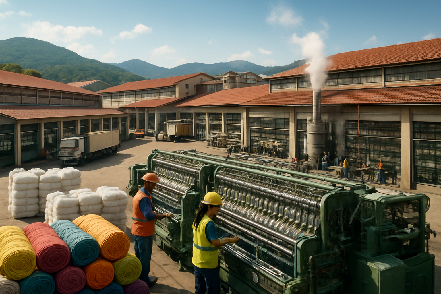 Create a realistic image of a sprawling Indian textile manufacturing facility with multiple factory buildings featuring red-tiled roofs and modern industrial architecture, rows of spinning machines and looms visible through large windows, neatly stacked bales of cotton and colorful fabric rolls in the foreground, Indian male and female workers in safety gear operating machinery, steam rising from dyeing units, trucks loaded with textile goods at loading docks, lush green hills in the background under bright daylight with clear blue skies, conveying a sense of bustling productivity and industrial excellence, absolutely NO text should be in the scene.