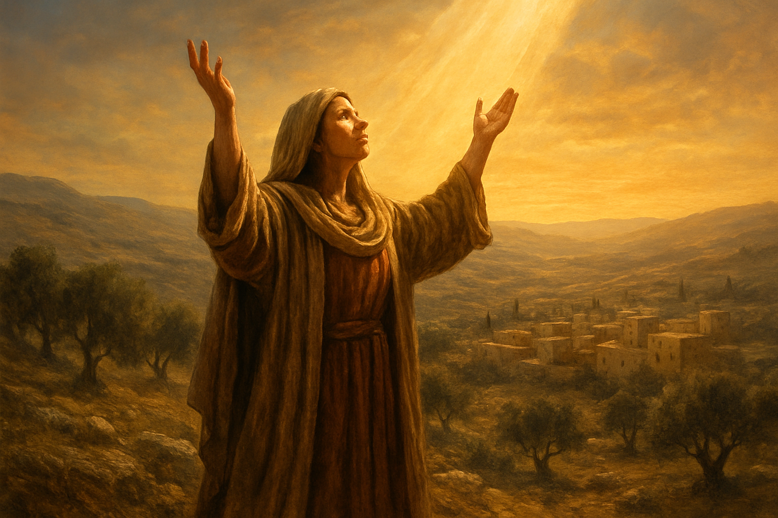 Create a realistic image of a Middle Eastern female prophetess standing on a hillside overlooking an ancient biblical landscape, wearing flowing robes in earth tones, with her arms raised toward heaven in a prophetic gesture, divine golden light streaming down from above illuminating her figure, ancient stone buildings and olive trees visible in the valley below, warm sunset lighting creating a sacred and reverent atmosphere, absolutely NO text should be in the scene.
