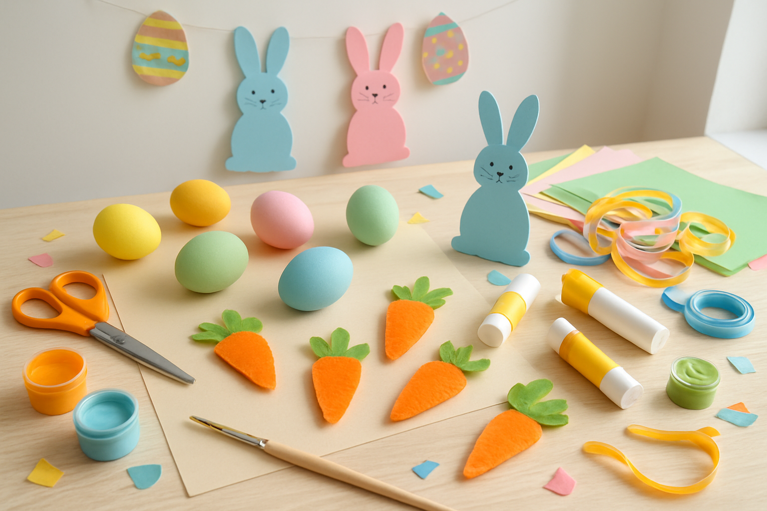 Create a realistic image of a bright, well-lit craft table covered with colorful DIY Easter decorations and craft supplies including painted Easter eggs in pastel colors, handmade paper Easter bunnies, felt carrots, glue sticks, scissors, colorful ribbons, construction paper, paintbrushes, and small paint containers, with finished Easter garland hanging in the background and scattered craft materials creating a creative workshop atmosphere, shot from above with natural daylight streaming in, absolutely NO text should be in the scene.