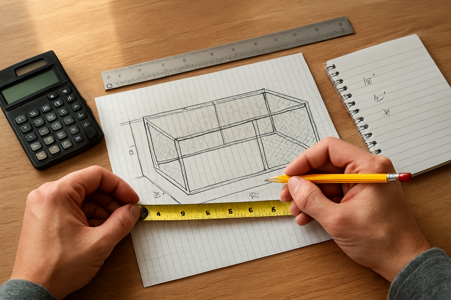 Create a realistic image of a person's hands holding a measuring tape and pencil over a detailed hand-drawn sketch of a rectangular dog kennel layout on graph paper, with a calculator, ruler, and notepad with measurements written on it scattered on a wooden desk surface, showing the planning phase of a DIY chain link kennel project with natural daylight coming from a window, absolutely NO text should be in the scene.