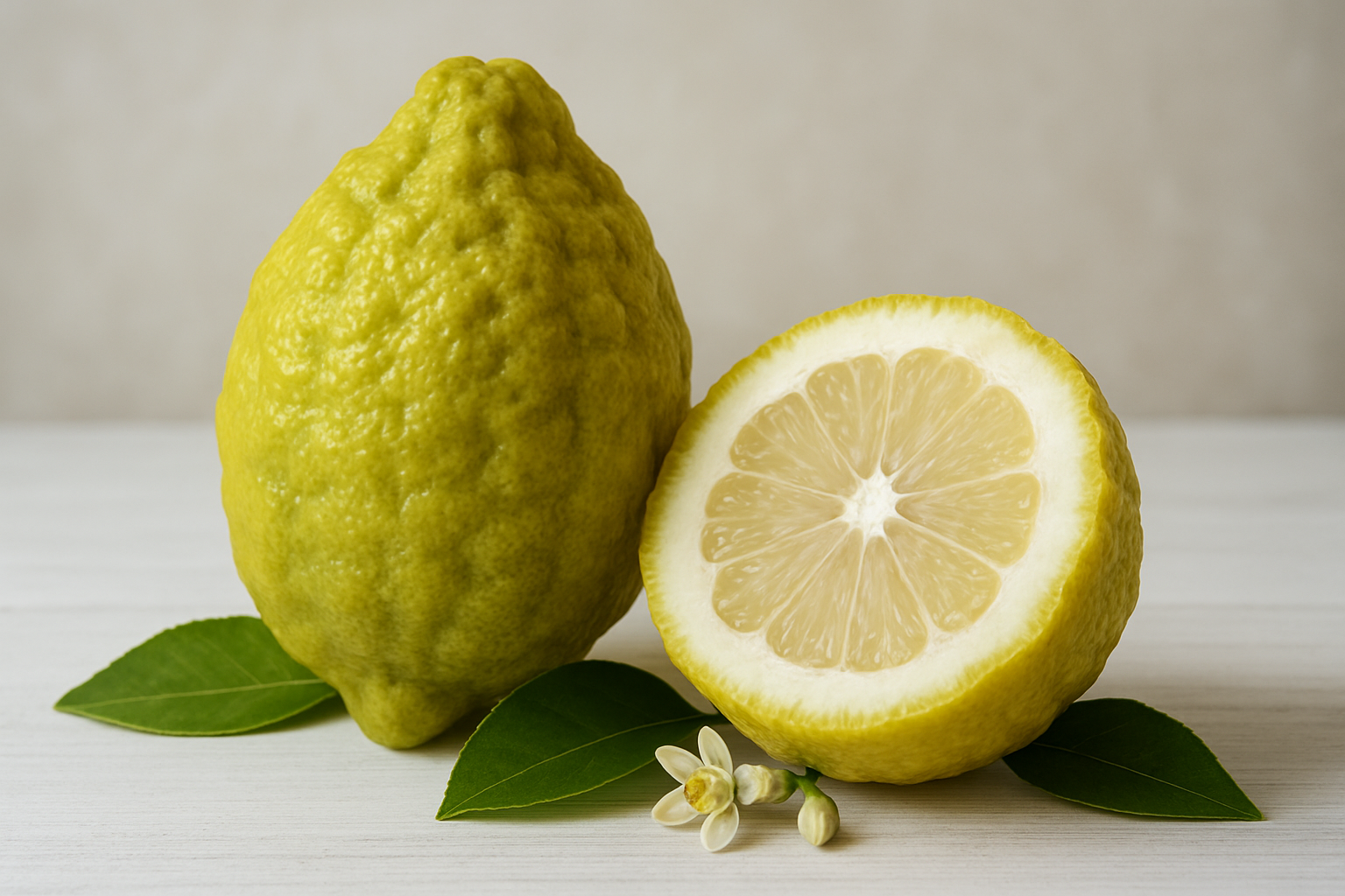 Create a realistic image of a whole fresh citron fruit prominently displayed on a clean white wooden surface, showing its distinctive large, bumpy, thick yellow-green rind and elongated oval shape, with a cross-section cut of another citron beside it revealing the thick white pith and minimal pulp inside, surrounded by a few citron leaves and small citrus blossoms, set against a soft neutral background with natural daylight lighting that highlights the texture and details of the fruit, absolutely NO text should be in the scene.