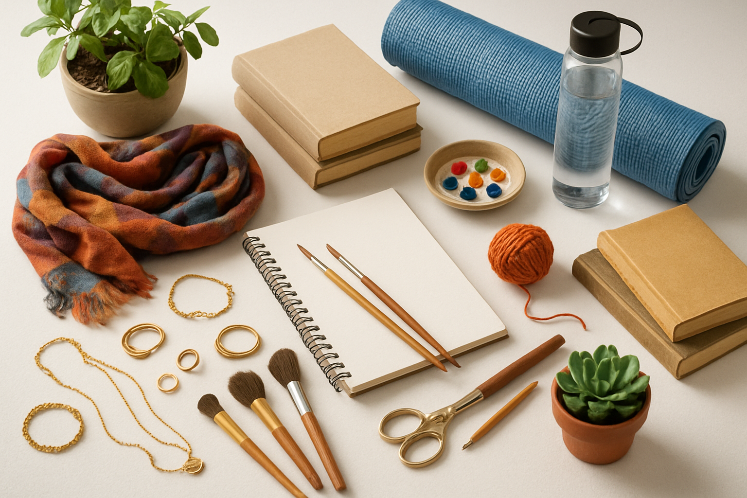 Create a realistic image of a diverse collection of personal style items and hobby accessories artfully arranged on a clean white surface, including elegant jewelry pieces, colorful scarves, art supplies like paintbrushes and sketchbooks, fitness equipment like yoga mat and water bottle, books, potted plants, makeup brushes, and craft materials, all arranged in an organized yet natural way that suggests careful consideration of different personality types and interests, with soft natural lighting from above creating gentle shadows, warm and inviting atmosphere that conveys thoughtfulness and attention to personal preferences, absolutely NO text should be in the scene.