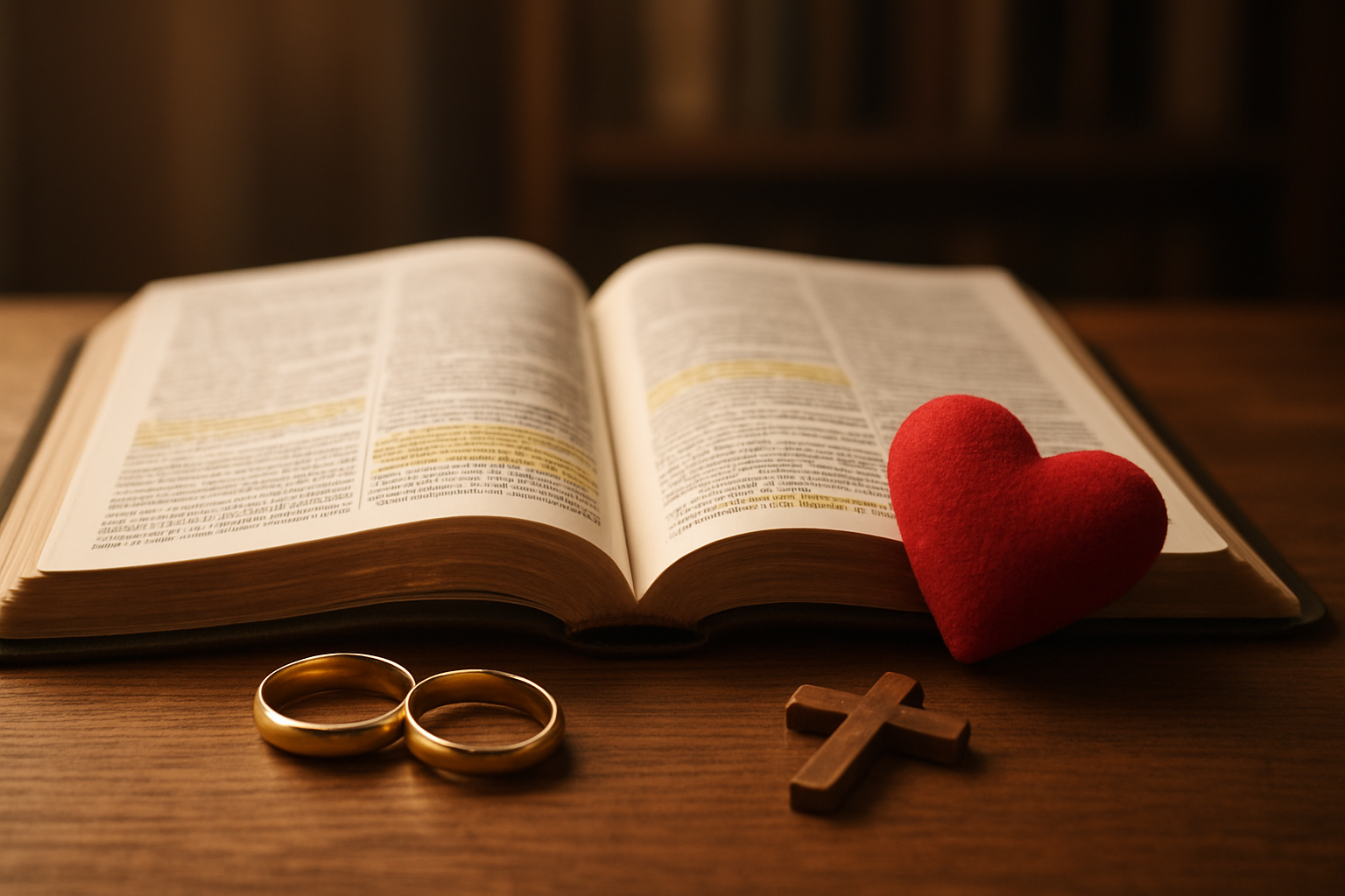 Create a realistic image of an open Bible with highlighted verses about love, surrounded by wedding rings, a red heart-shaped object, and a small cross on a wooden desk, with soft warm lighting creating a peaceful study atmosphere, and a blurred bookshelf in the background. Absolutely NO text should be in the scene.
