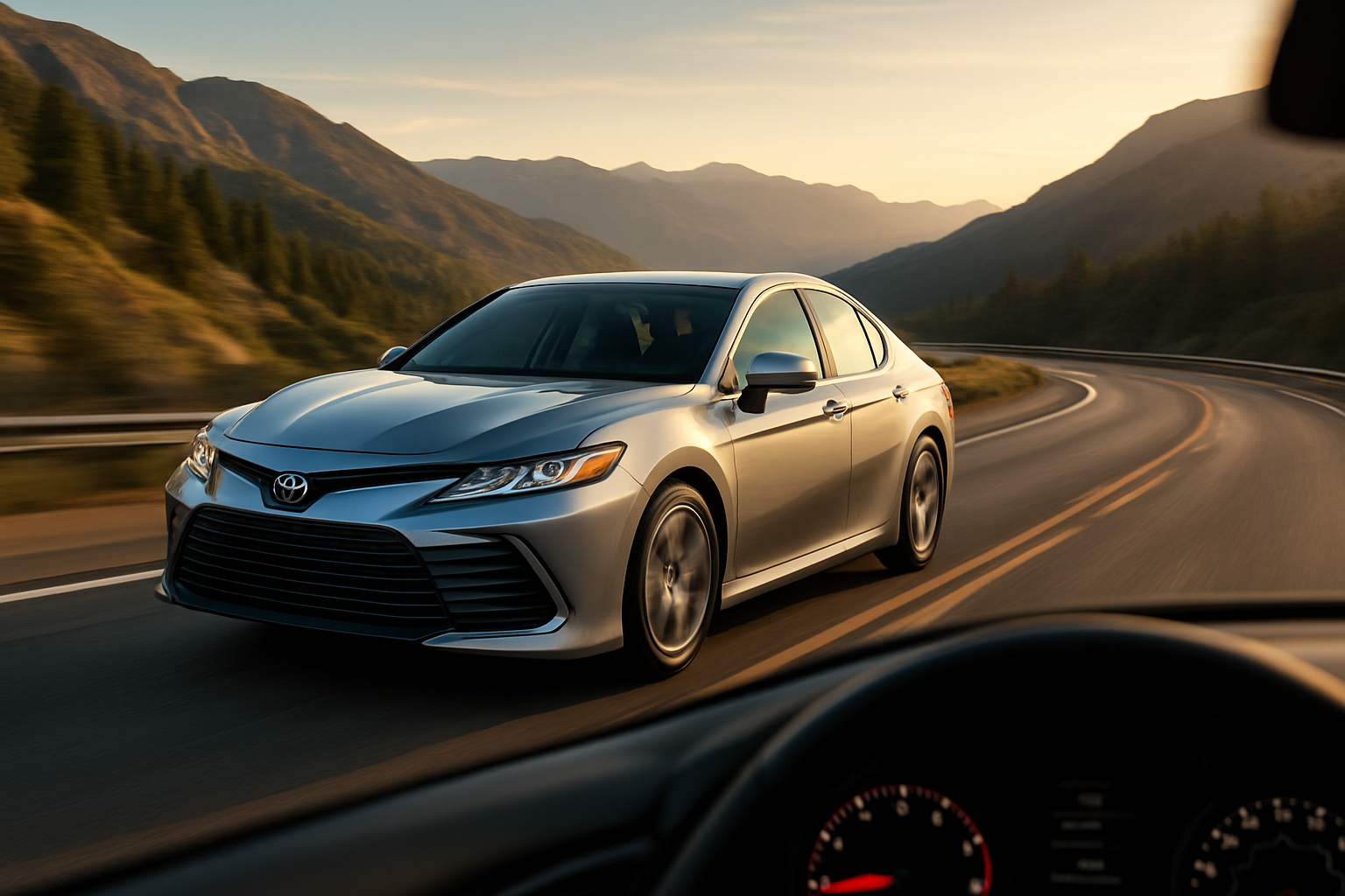 Create a realistic image of a silver 2024 Toyota Camry sedan driving on a winding mountain highway with motion blur effects showing speed and performance, dashboard view partially visible from inside showing speedometer and performance gauges, scenic mountain landscape in the background with clear blue sky, dynamic lighting capturing the vehicle in motion during golden hour, emphasizing the car's sleek design and road presence, absolutely NO text should be in the scene.