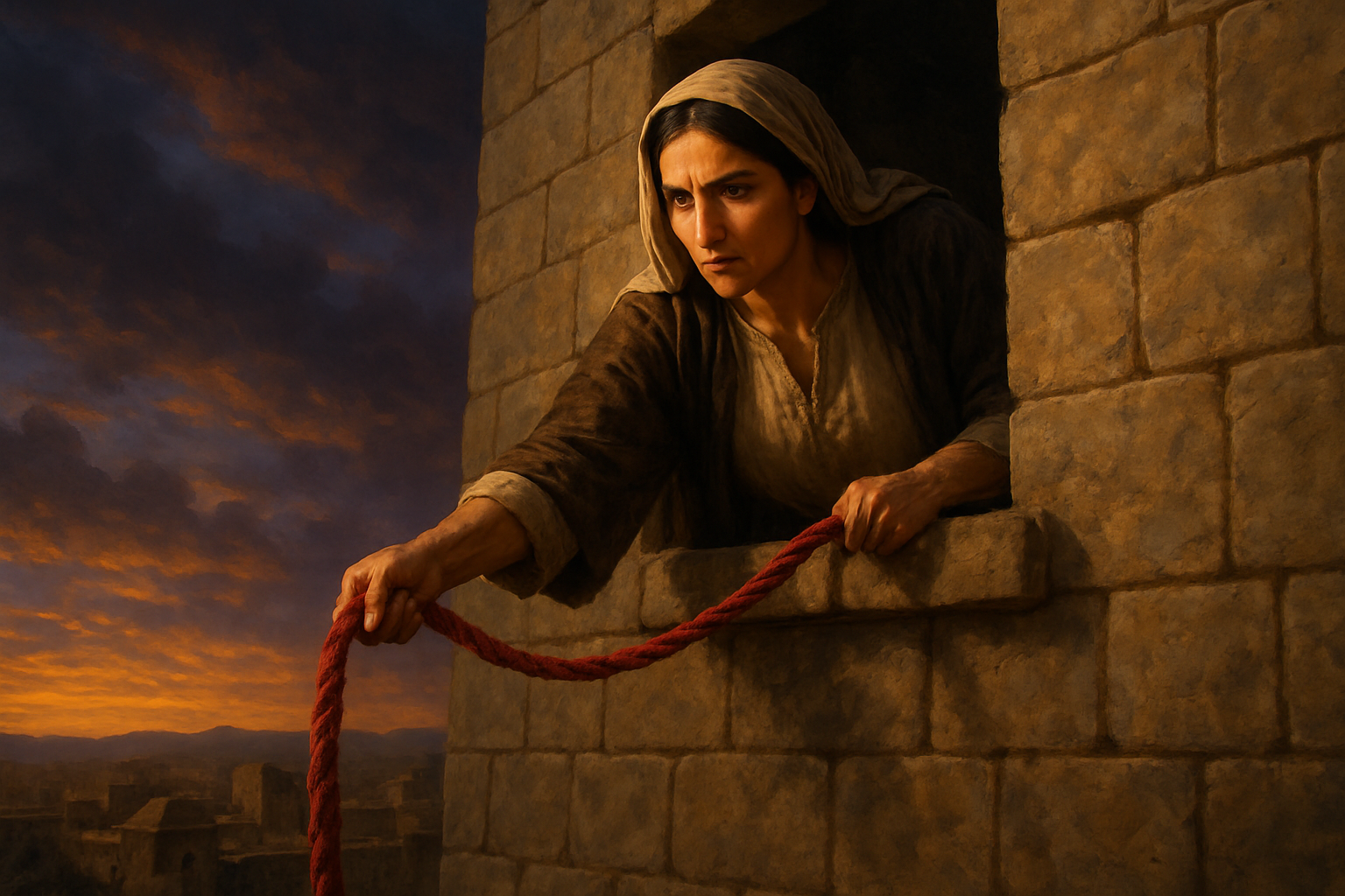 Create a realistic image of a Middle Eastern woman with olive skin and dark hair wearing ancient biblical-era clothing, boldly lowering a crimson rope from a stone window of a fortress wall, with determination visible on her face as she looks down toward unseen people below, set against a dramatic twilight sky with warm golden and purple hues, ancient city buildings visible in the background, the scene conveying courage and decisive action in a biblical historical setting, absolutely NO text should be in the scene.