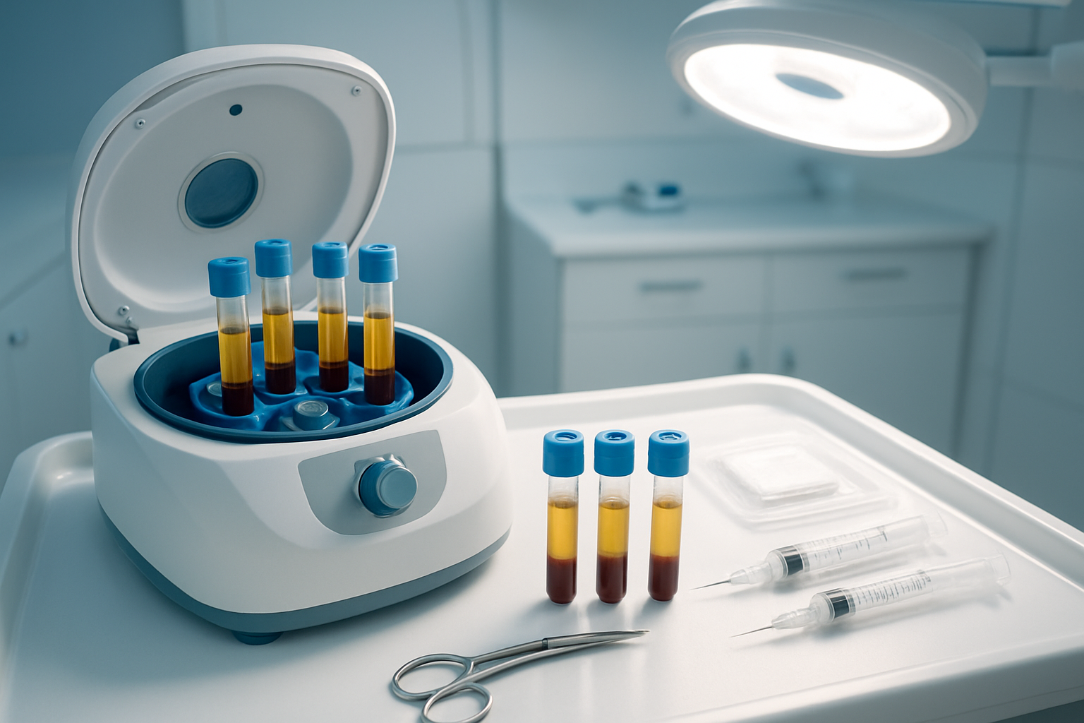 Create a realistic image of a modern medical laboratory or clinic setting showcasing PRP hair treatment technology with a centrifuge machine containing blood tubes with separated plasma layers, medical syringes, sterile equipment on a clean white medical tray, professional medical lighting illuminating the scene, clinical white and blue color scheme, close-up view of the PRP preparation process with golden plasma visible in test tubes, sterile medical environment background, absolutely NO text should be in the scene.