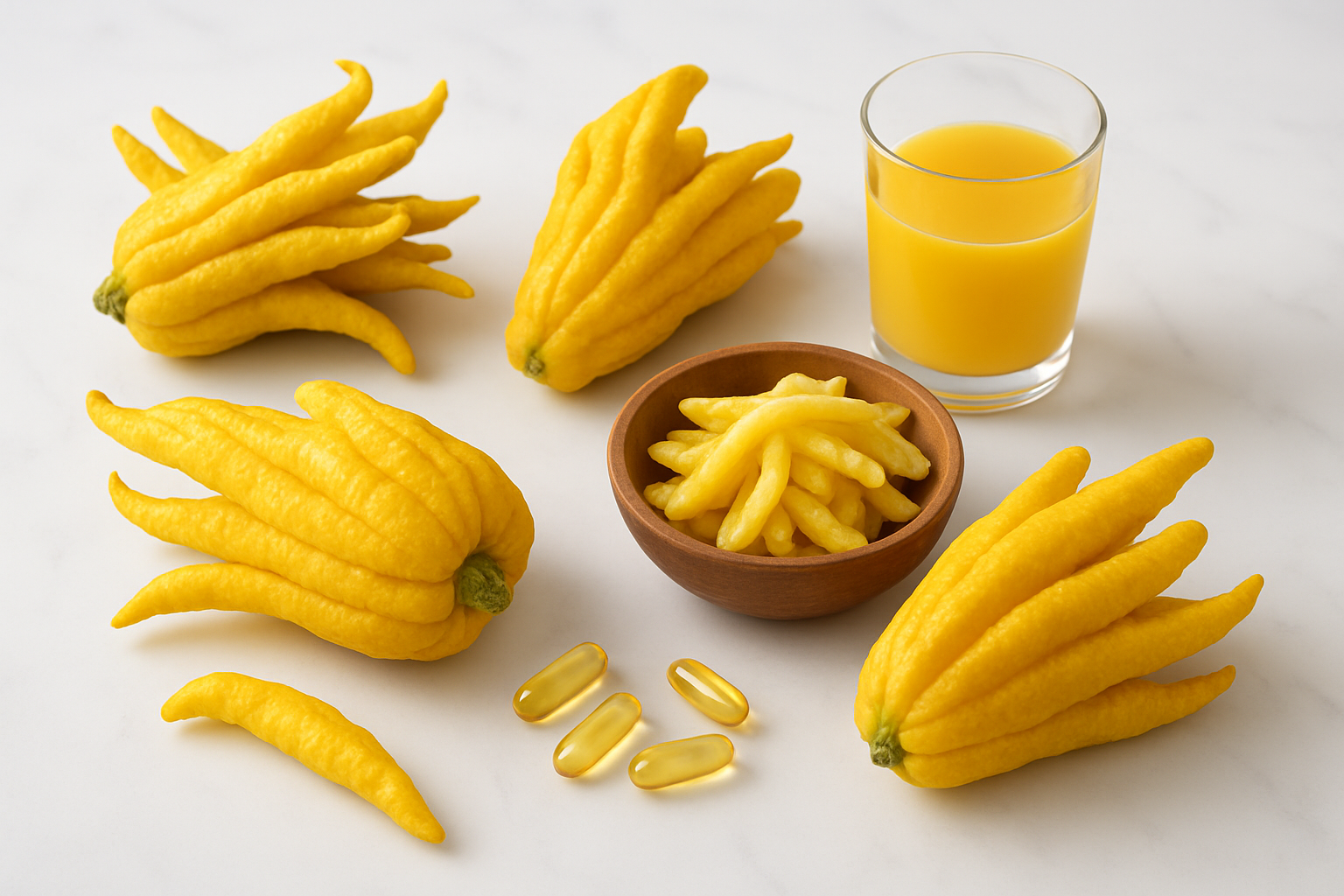 Create a realistic image of fresh Buddha's Hand citrus fruits arranged on a clean white marble surface with vibrant yellow segmented finger-like projections clearly visible, accompanied by a small wooden bowl filled with sliced Buddha's Hand pieces, a glass of fresh citrus juice, and scattered vitamin supplement capsules nearby, with soft natural lighting from above creating gentle shadows, emphasizing the nutritious and healthy aspects of the exotic fruit, shot from a slightly elevated angle with a clean minimalist background, absolutely NO text should be in the scene.