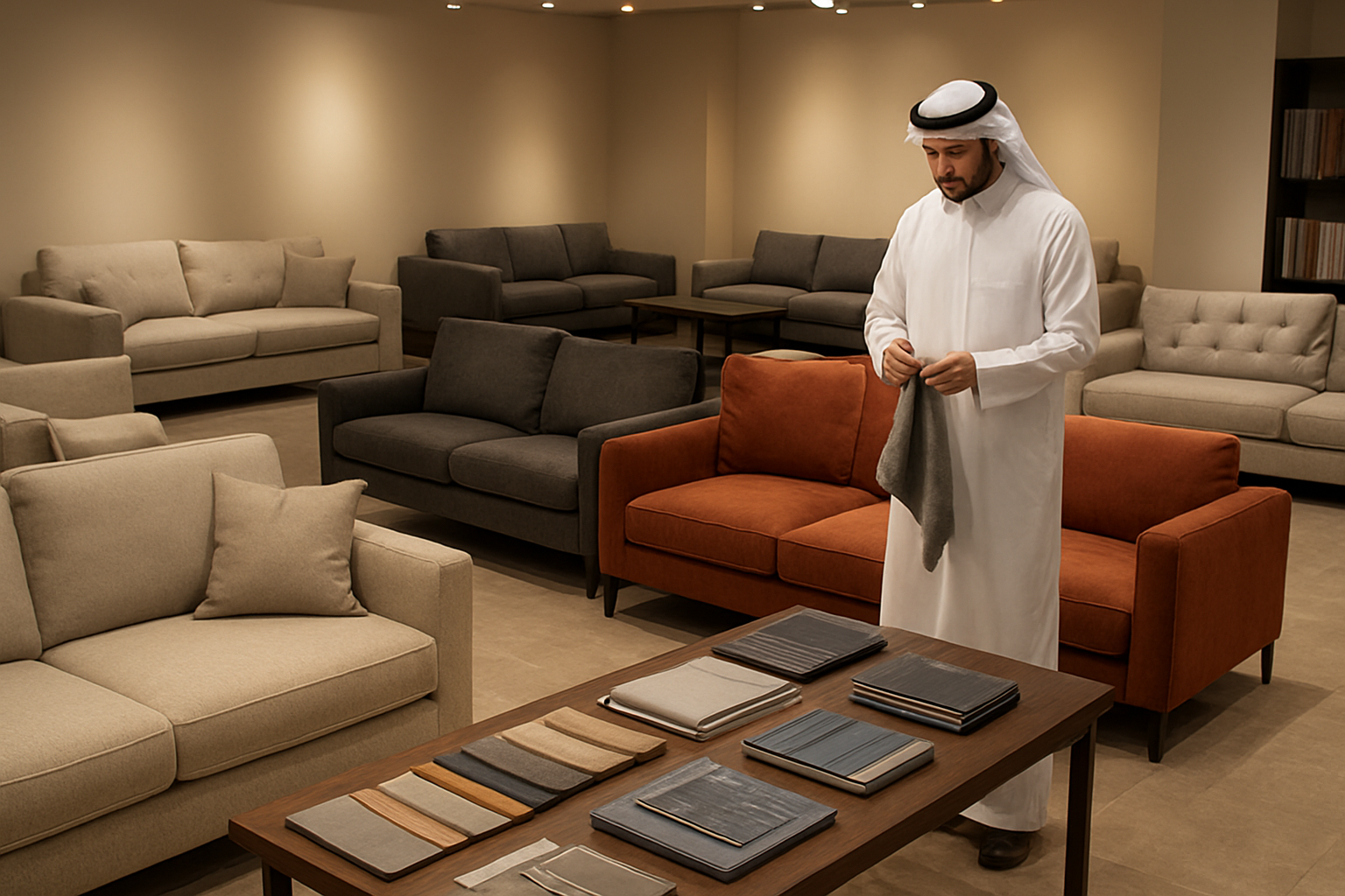 Create a realistic image of a modern furniture showroom interior in Riyadh showcasing various custom sofas and couches in different styles, fabrics, and colors displayed on a polished floor, with fabric swatches and material samples organized on tables, measuring tools and design catalogs visible, warm ambient lighting highlighting the quality craftsmanship of the upholstered furniture, clean organized space with professional atmosphere suggesting quality standards and selection criteria, Middle Eastern male craftsman in traditional white thobe examining fabric quality in the background, absolutely NO text should be in the scene.