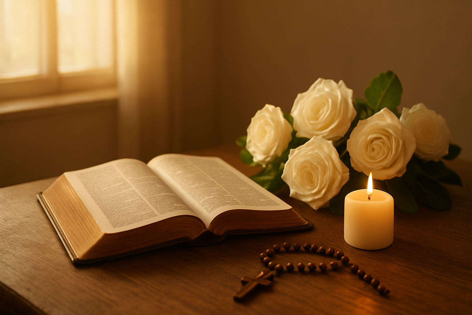 Create a realistic image of a warm, softly lit indoor setting with gentle golden sunlight streaming through a window, featuring an open Bible or scripture book placed on a wooden table alongside fresh white lilies or roses, with soft candlelight creating a peaceful, sacred atmosphere, surrounded by subtle elements like prayer beads or a simple cross, all arranged in a serene composition that conveys spiritual devotion and divine love, with a clean, minimalist background in warm earth tones. Absolutely NO text should be in the scene.