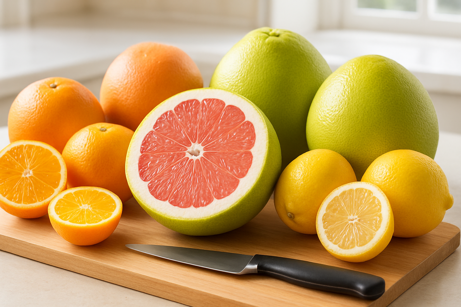 Create a realistic image of a vibrant display of fresh pomelo fruits as the centerpiece, with some whole pomelos and one cut in half showing the juicy pink and white segments inside, surrounded by other citrus fruits like oranges, grapefruits, and lemons for comparison, arranged on a clean wooden cutting board with a sharp knife nearby, set against a bright kitchen counter background with natural daylight streaming in, creating a fresh and inviting atmosphere that summarizes the complete pomelo fruit guide, absolutely NO text should be in the scene.