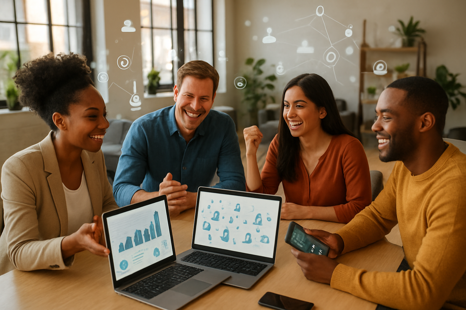 Create a realistic image of a diverse group of people sitting around a modern conference table with laptops and smartphones open, showing successful community building results on their screens, with digital connection icons and network symbols floating subtly in the air around them, warm natural lighting from large windows, celebratory atmosphere with people smiling and engaged in discussion, modern office or co-working space background with plants and contemporary furniture, representing the successful completion of building an online community, absolutely NO text should be in the scene.