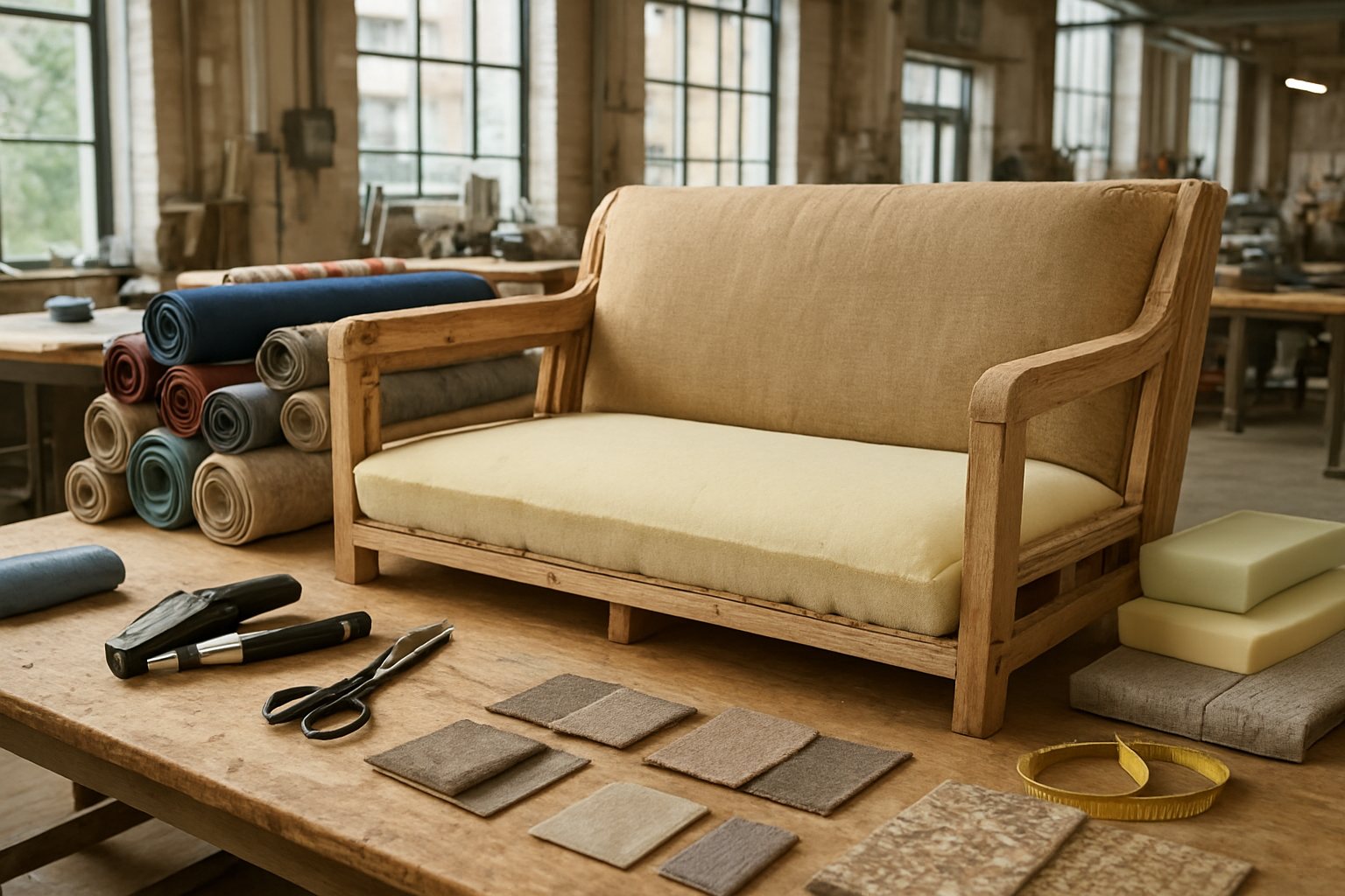 Create a realistic image of a furniture workshop showing the stages of sofa upholstery process, featuring a partially completed sofa frame with exposed wooden structure, rolls of fabric materials in various colors and patterns, upholstery tools like staplers and scissors on a workbench, foam padding pieces, measuring tape, and fabric samples scattered around, set in a professional workshop environment with natural lighting from large windows, wooden workbenches, and industrial sewing machines in the background, absolutely NO text should be in the scene.