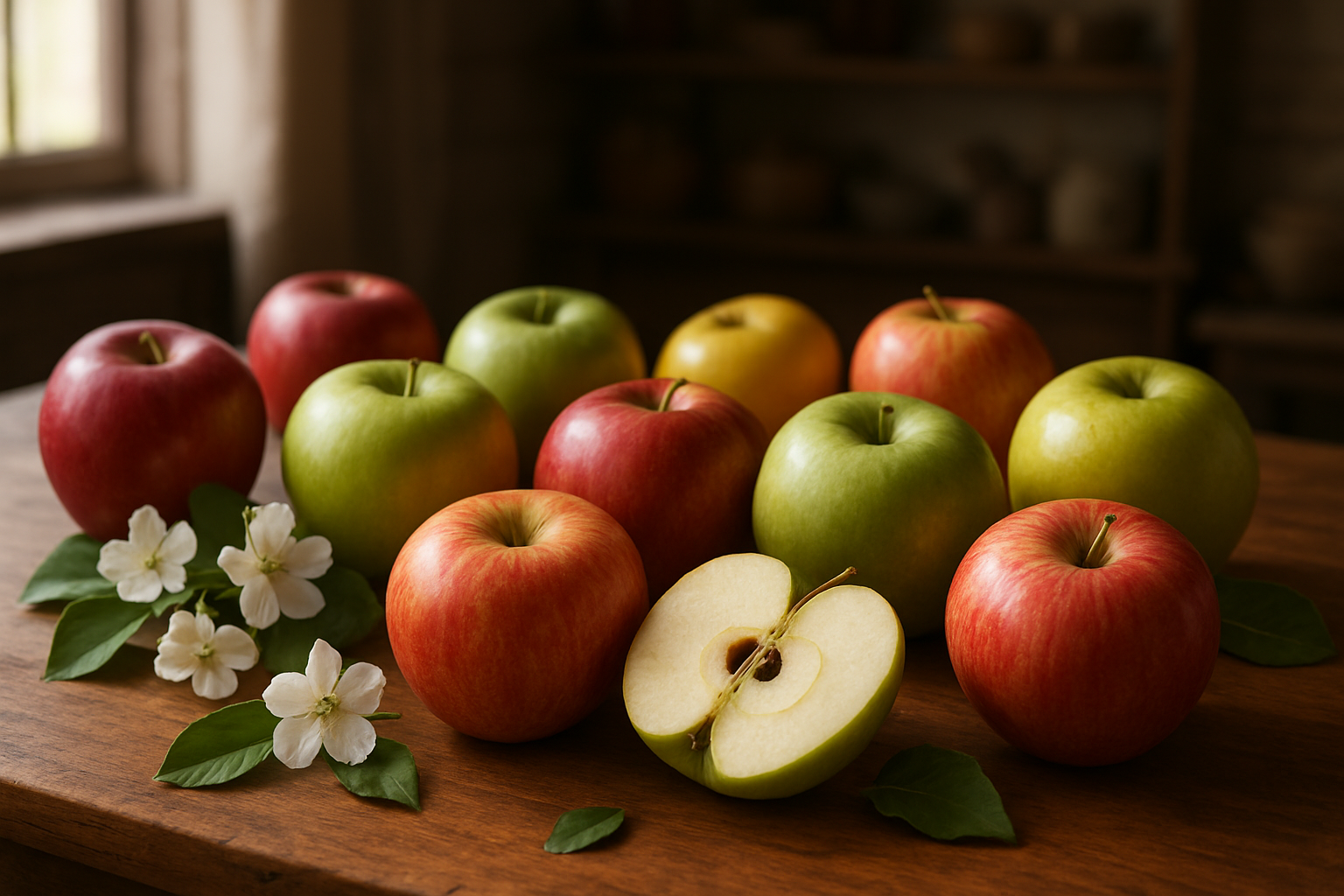 Create a realistic image of a beautiful wooden table displaying a diverse collection of fresh apples in various colors including red, green, yellow, and striped varieties, some apples are whole while others are cut in half showing their crisp white flesh and seeds, scattered around are apple blossoms and green leaves, soft natural lighting from a window creates warm highlights on the apples' glossy surfaces, the background shows a blurred rustic kitchen setting with wooden shelves, the scene conveys abundance and natural freshness representing the comprehensive knowledge about apples, absolutely NO text should be in the scene.