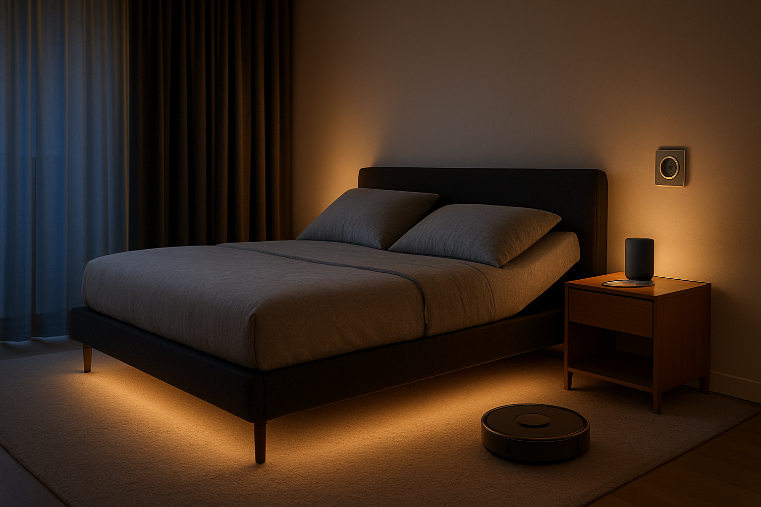 Create a realistic image of a modern bedroom showcasing automated comfort and convenience solutions, featuring a sleek smart bed with adjustable head and foot sections, automated blackout curtains partially drawn, a bedside table with a smart speaker and wireless charging pad, automated mood lighting with warm LED strips under the bed frame, a smart thermostat on the wall displaying temperature settings, and a robotic vacuum cleaner in the corner, all arranged in a contemporary bedroom with neutral tones, soft ambient lighting creating a cozy evening atmosphere, absolutely NO text should be in the scene.