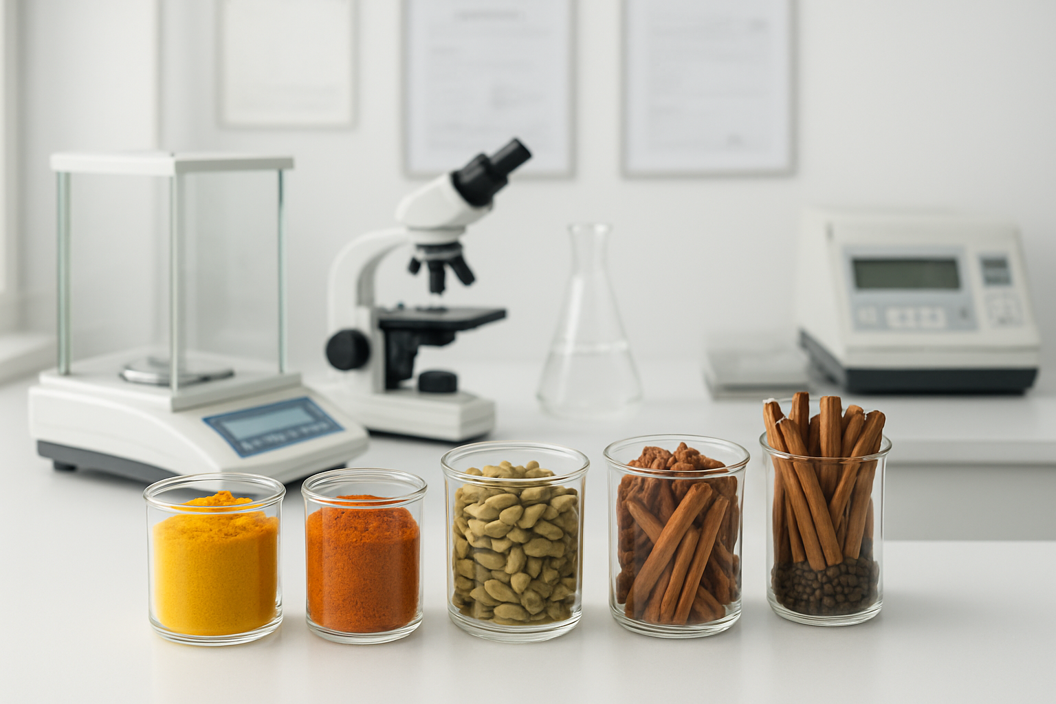 Create a realistic image of a professional quality control laboratory setting with premium Indian spices being tested and analyzed, featuring glass containers filled with vibrant turmeric, red chili powder, cardamom pods, cinnamon sticks, and black peppercorns arranged on a clean white laboratory table, with precision weighing scales, testing equipment, and quality certification documents visible, under bright clinical lighting that highlights the rich colors and textures of the spices, conveying a sense of scientific precision and premium quality standards, absolutely NO text should be in the scene.