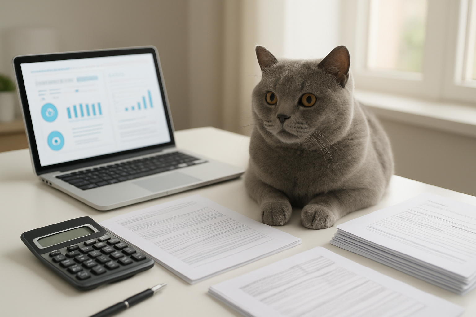 Create a realistic image of a gray British Shorthair cat sitting on a clean white desk next to organized insurance documents and policy papers spread out in neat stacks, with a laptop computer displaying insurance plan comparison charts, a calculator, and a pen nearby, set in a bright modern office environment with soft natural lighting from a window, conveying a professional and organized atmosphere for pet insurance planning, absolutely NO text should be in the scene.