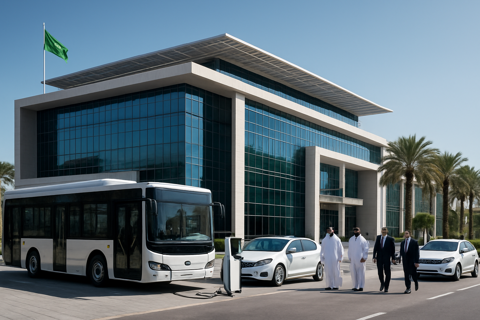 Create a realistic image of a modern Middle Eastern government building with sleek glass architecture under bright daylight, featuring electric vehicles including buses and cars parked in front, charging stations with cables and modern infrastructure, solar panels visible on the building roof, Arabian Gulf region architecture with contemporary design elements, government officials in traditional white thobes and business suits walking near the building entrance, clean urban environment with palm trees lining the street, clear blue sky suggesting progress and innovation, professional atmosphere conveying policy implementation and technological advancement, Absolutely NO text should be in the scene.