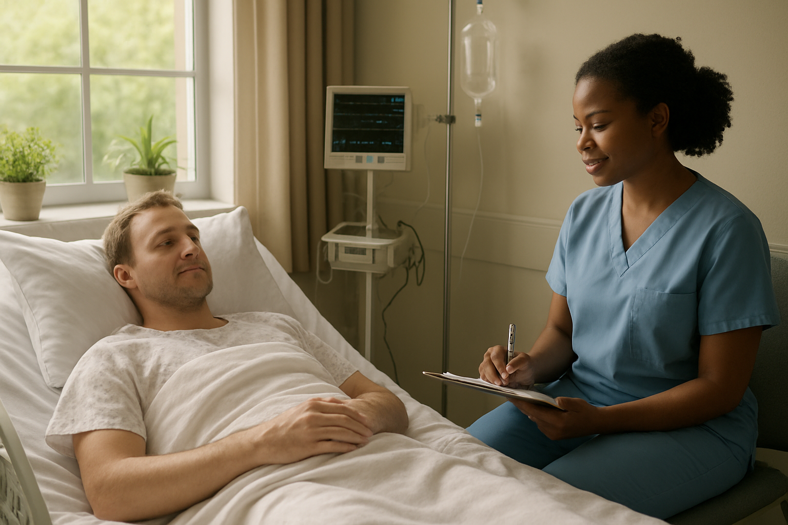 Create a realistic image of a peaceful recovery room setting showing a white male patient resting comfortably in a clean hospital bed with soft white linens, while a compassionate black female healthcare worker in scrubs sits nearby taking notes on a clipboard, with medical monitoring equipment visible in the background, natural sunlight streaming through large windows creating a calm and supportive atmosphere, potted plants on the windowsill, and a serene expression on both individuals' faces conveying hope and healing, absolutely NO text should be in the scene.