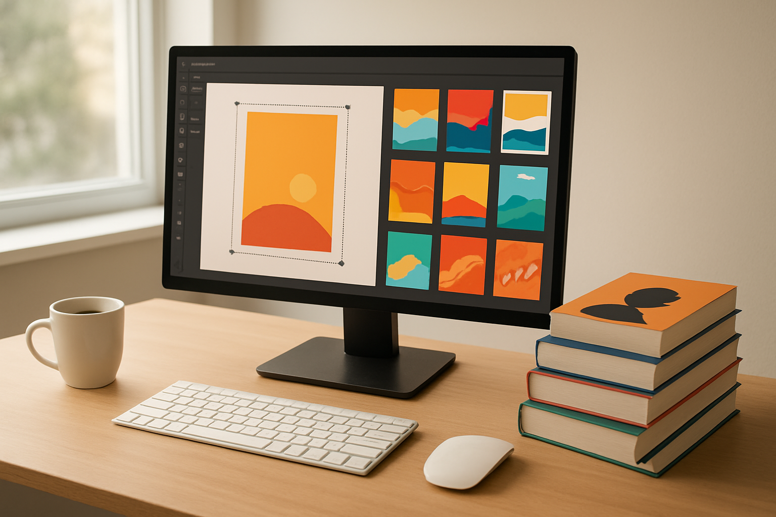 Create a realistic image of a modern workspace showing a computer monitor displaying an intuitive book cover design interface with drag-and-drop elements, colorful book cover templates visible on screen, a stack of professionally designed paperback books with attractive covers on the desk beside the computer, a wireless mouse and keyboard, soft natural lighting from a nearby window, clean minimalist desk setup with a coffee cup, conveying creativity and ease of use for non-designers, warm and inspiring atmosphere. Absolutely NO text should be in the scene.